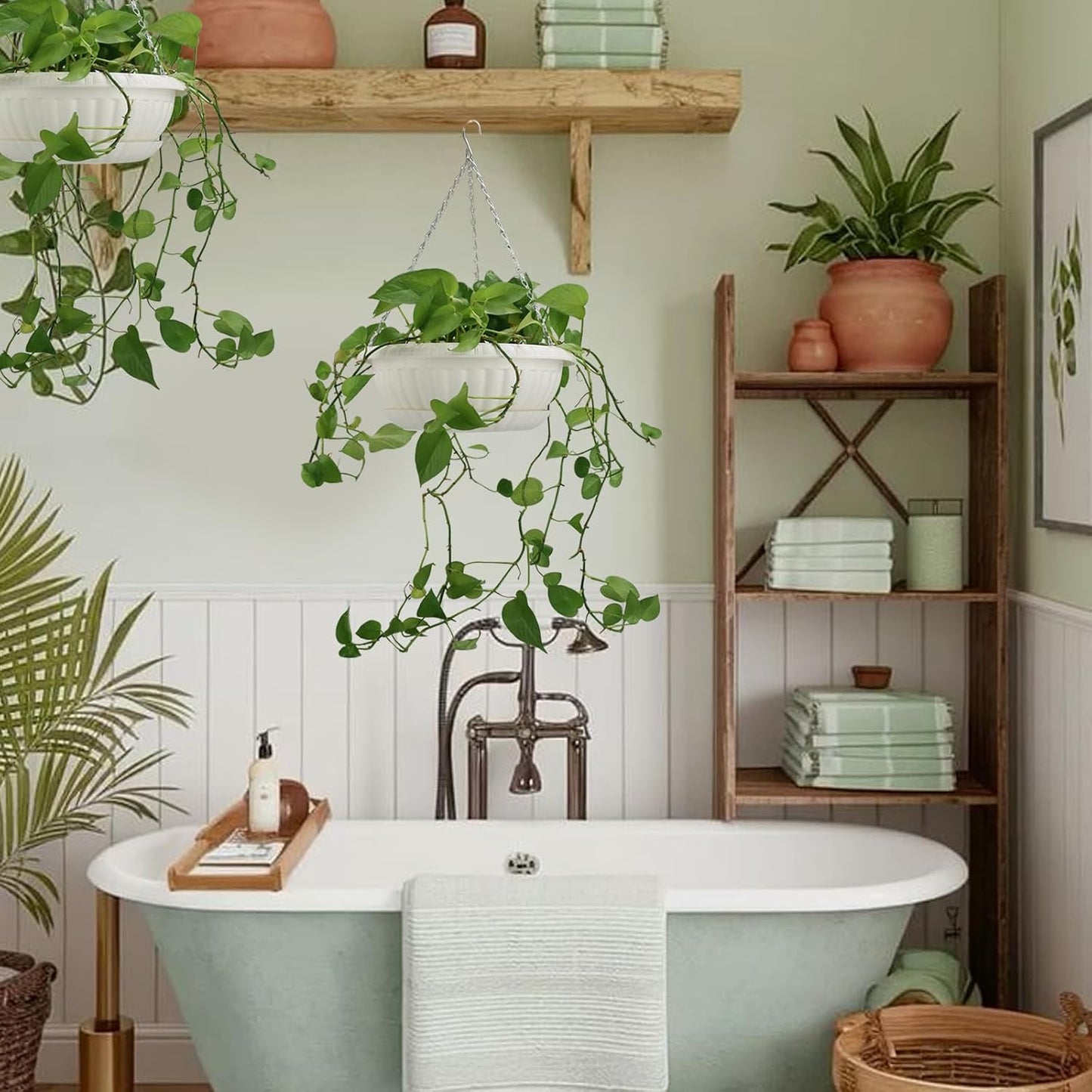 10.63in Hanging Planter Pots for Outdoor and Indoor Plants Flowers with Drainage Hole Tray Hooks Plastic Plant Baskets for Garden Home Porch (White, Pack of 6)