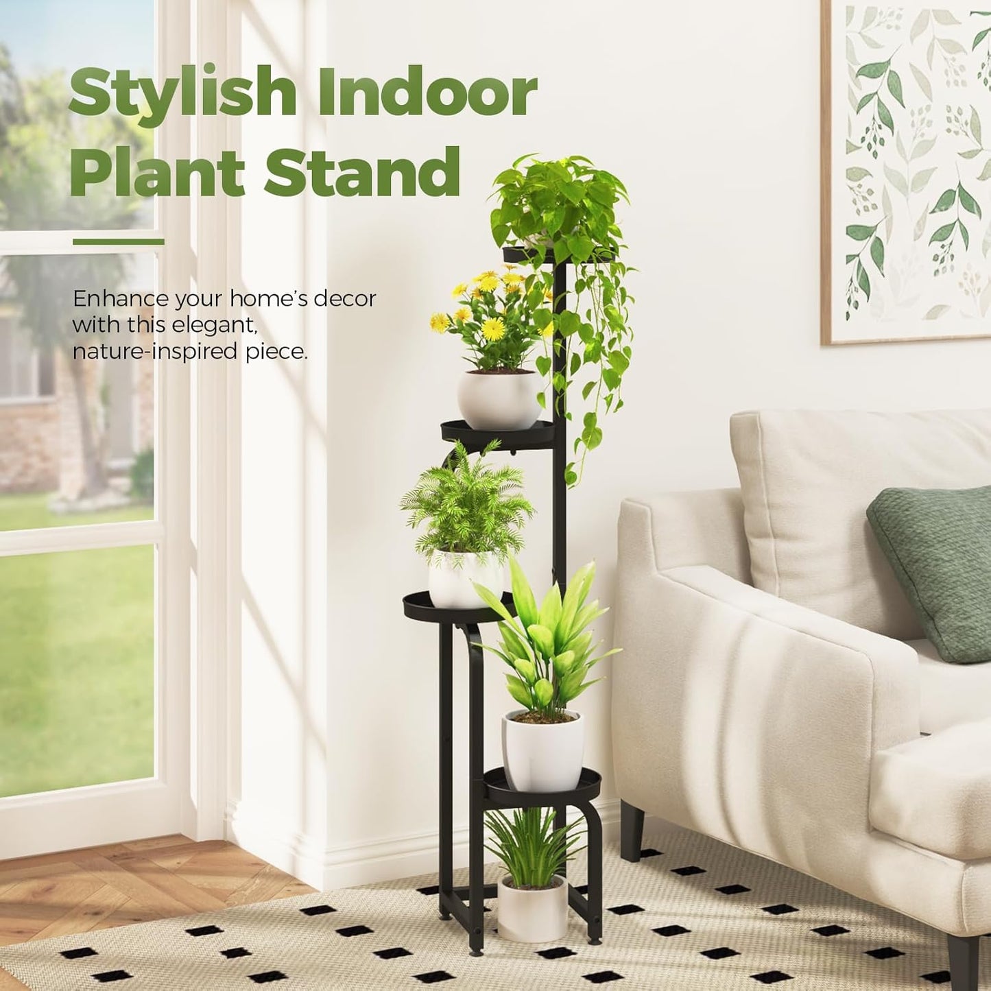 Bamworld Tall Plant Stand Indoor Outdoor, Corner Metal Flower Pot Stands for Multiple Plants, 4 Tier Heavy Duty Plant Shelf for Patio Garden Balcony Living Room Bedroom(Patent Design)