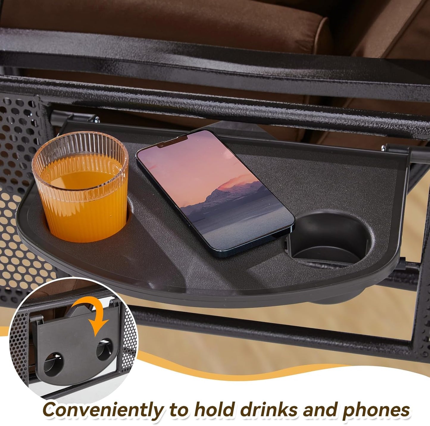 3 in 1 Outdoor Porch Swing with Canopy, 3 Seat Outdoor Swing for Adults, Patio Swing Chair with Thickened Cushions,Pillows & Cup Holders for Backyard, Porch, Garden (Brown)