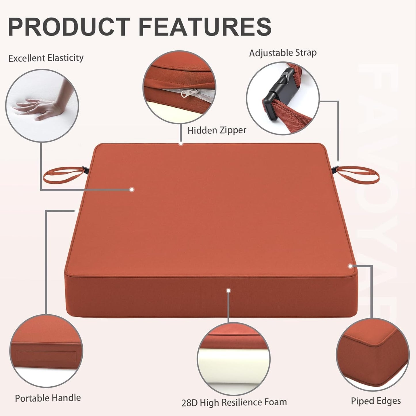 Favoyard Patio Chair Cushions 18 x 18 x 3 Inch Waterproof Outdoor Seat Cushions for Patio Furniture 3-Year Color Fastness Garden Sofa Couch Chair Pads with Handle & Adjustable Straps Set of 2, Spice