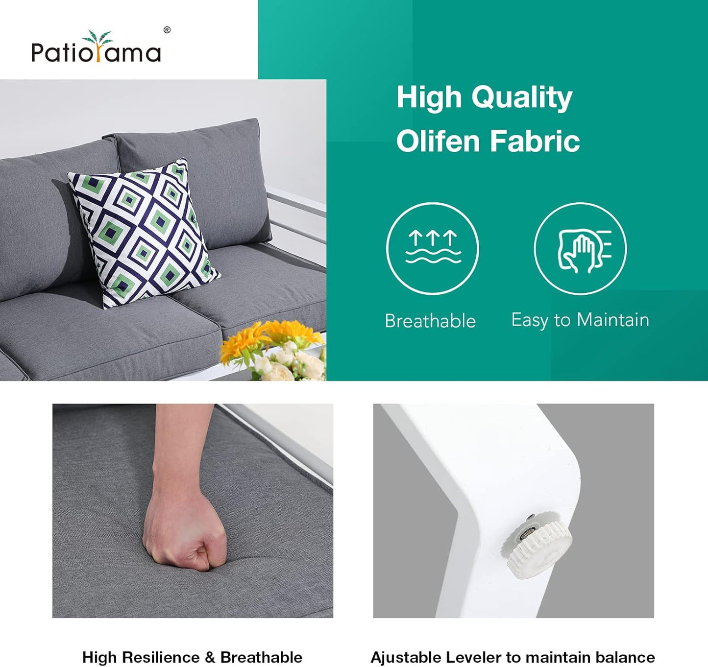 Patiorama Aluminum Patio Furniture Set, Outdoor Patio 3-Seater Sofa, 3 Seats Couch, All Weather White Metal Chair with Olefin Cushion, Deep Seating, 800 lbs Capacity, Deck, Garden-Grey Cushion