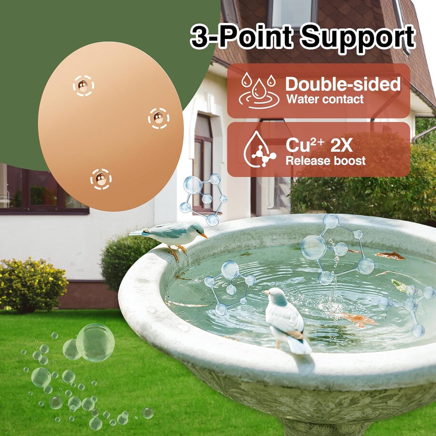 Bird Bath Copper Plate Disk 99.99% Pure Copper Cleaning Disk Stable Triple-Point Support Outdoor Bird Bowl, Pure Copper Bird Bath Purification Tray, Suitable for All Seasons