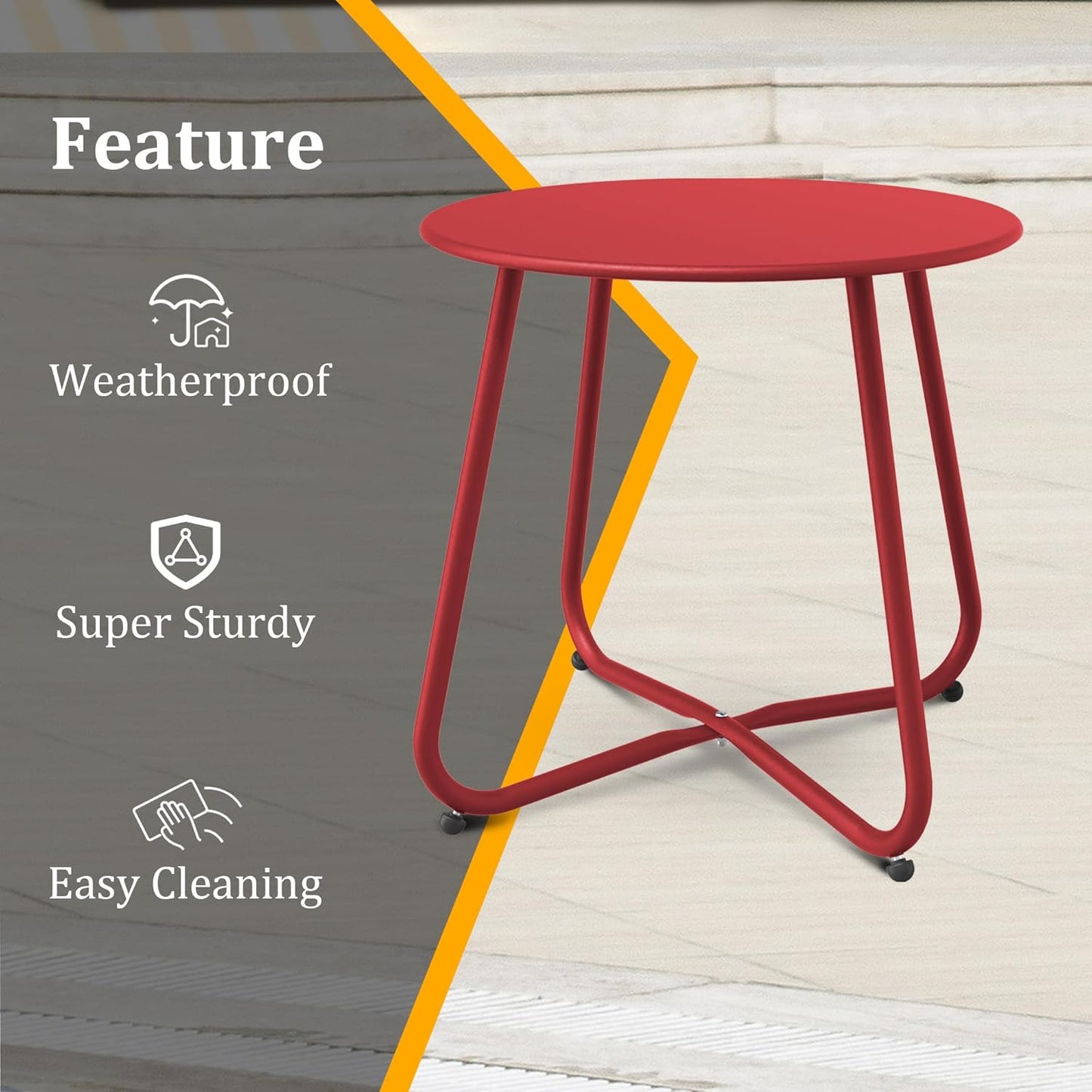 Patio Side Table Waterproof Round Metal Steel Weather Resistant Portable Outdoor and Indoor End Table for Garden Balcony Yard, Dark Red