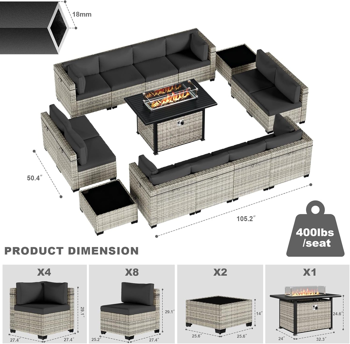 15-Piece Patio Furniture Set, Outdoor Patio Furniture with 55,000 BTU Fire Pit Table, Thick Cushions, Modular Patio Sofa, Dual-Strand Wicker Rattan, Rust-Resistant Frame, Black