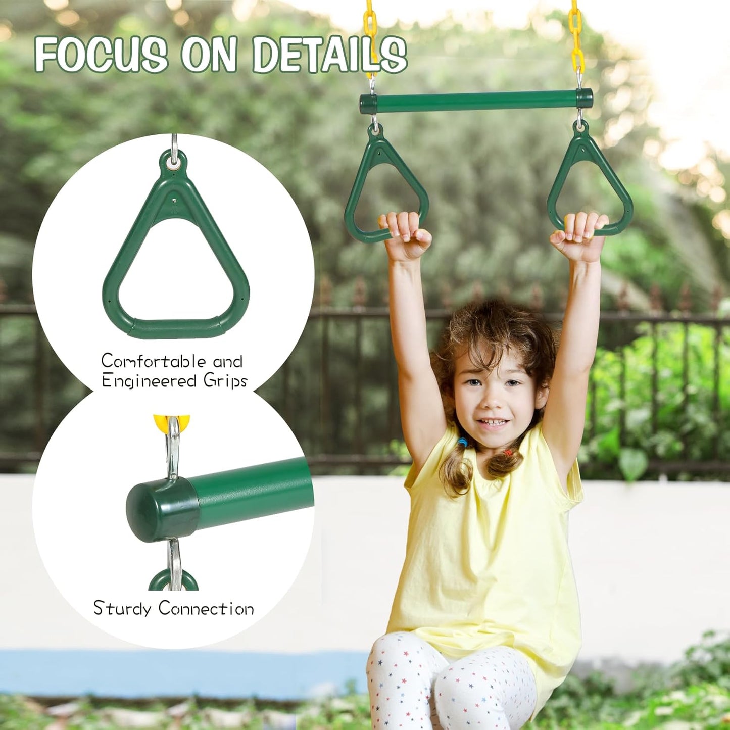 RedSwing Trapeze Swings Bar with Rings, Belt Swing Seat and Bucket Swings Combo Pack (Triangle and Chain Dip) for Kids Outdoor with 57-86" Rope,High Back Toddler Bucket Seat, Green