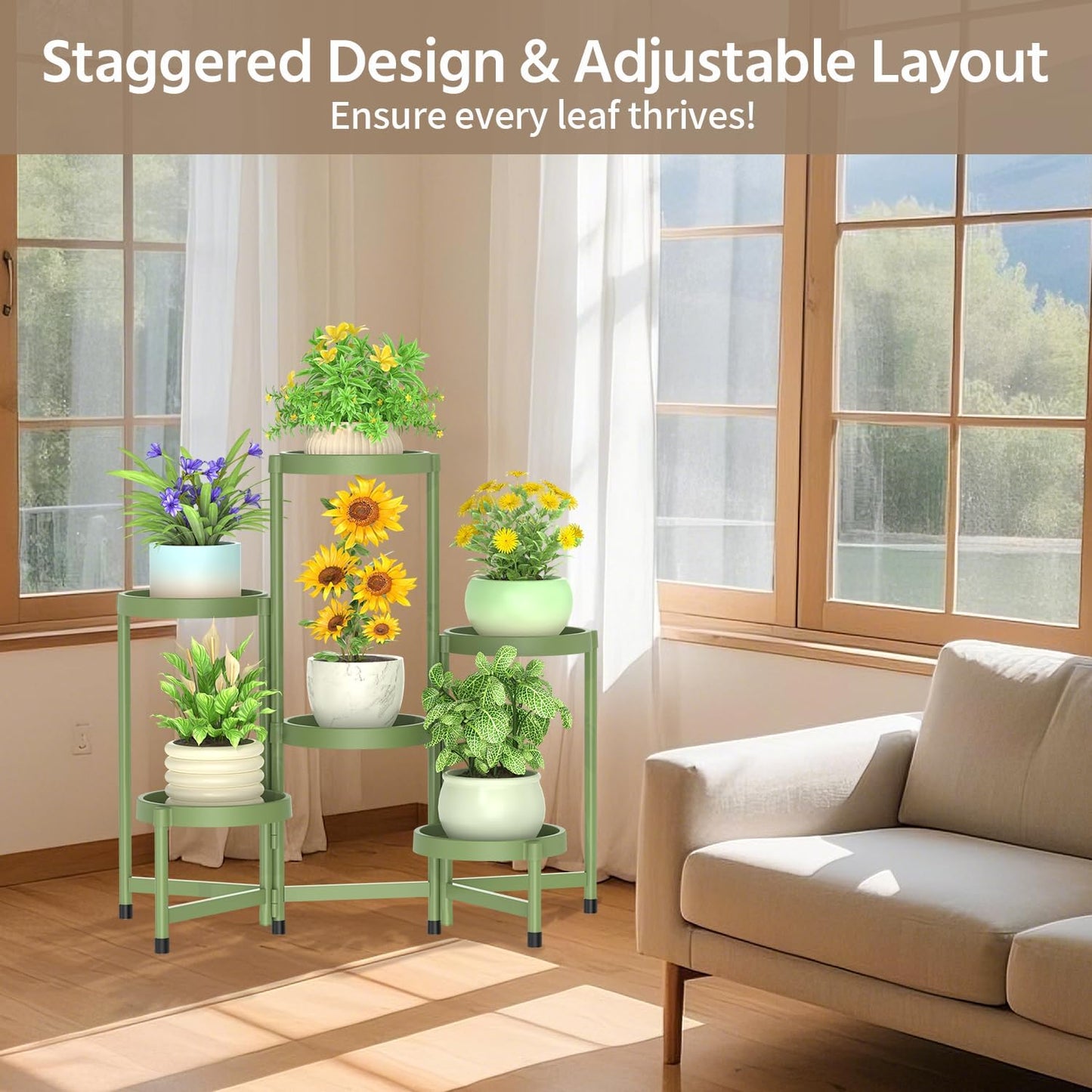 LASZOLA 6 Tiered Folding Plant Stand Indoor for Multiple Large Planter, Tall Heavy Duty Adjustable Rack with Rust Proof Plastic Shelving, Sturdy Vertical Tree Organizer for Narrow Inside Floor, Green