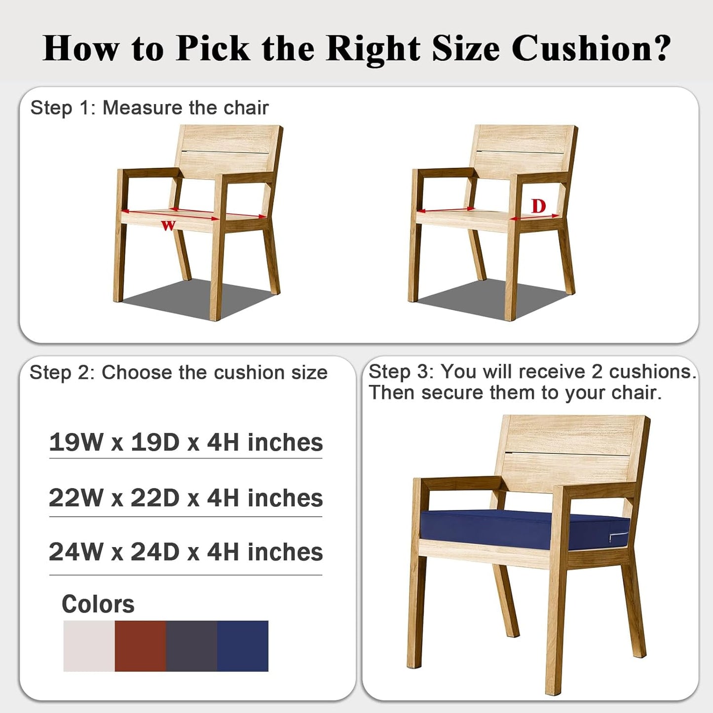 Outdoor Chair Cushions Set of 2 for Patio Furniture 22x22x4 Inch Waterproof Patio Chair Cushion 3 Year Color Fastness Square Elastic Foam Garden Sofa Couch Pads with Ties and Handle,Blue