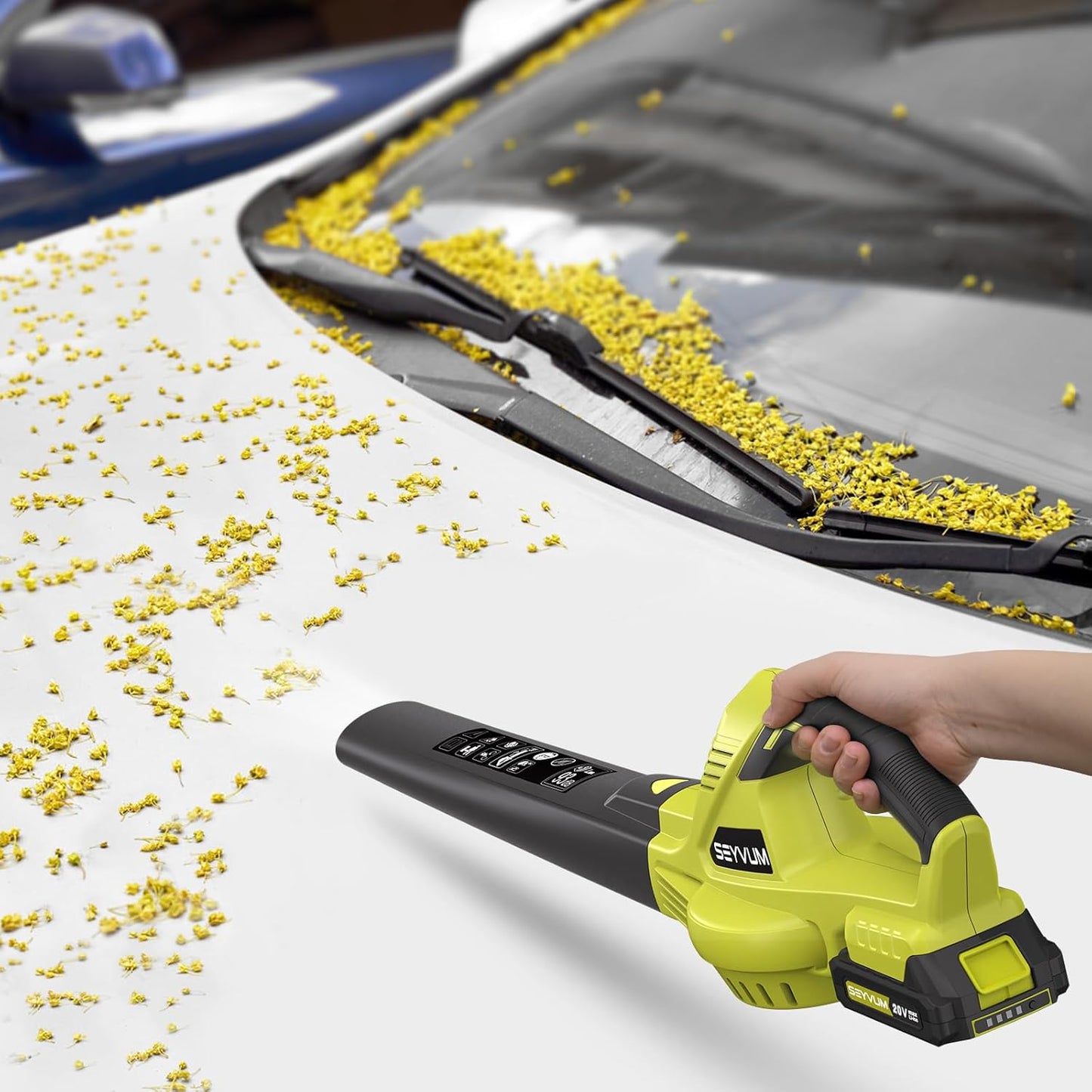 SEYVUM Leaf Blower, 20V Cordless Blower with 2 x 2.0Ah Battery, Electric Leaf Blowers for Lawn Care, 320 CFM 150 MPH Battery Powered Leaf Blower, for Patio, Garden Cleaning, Fast Charger