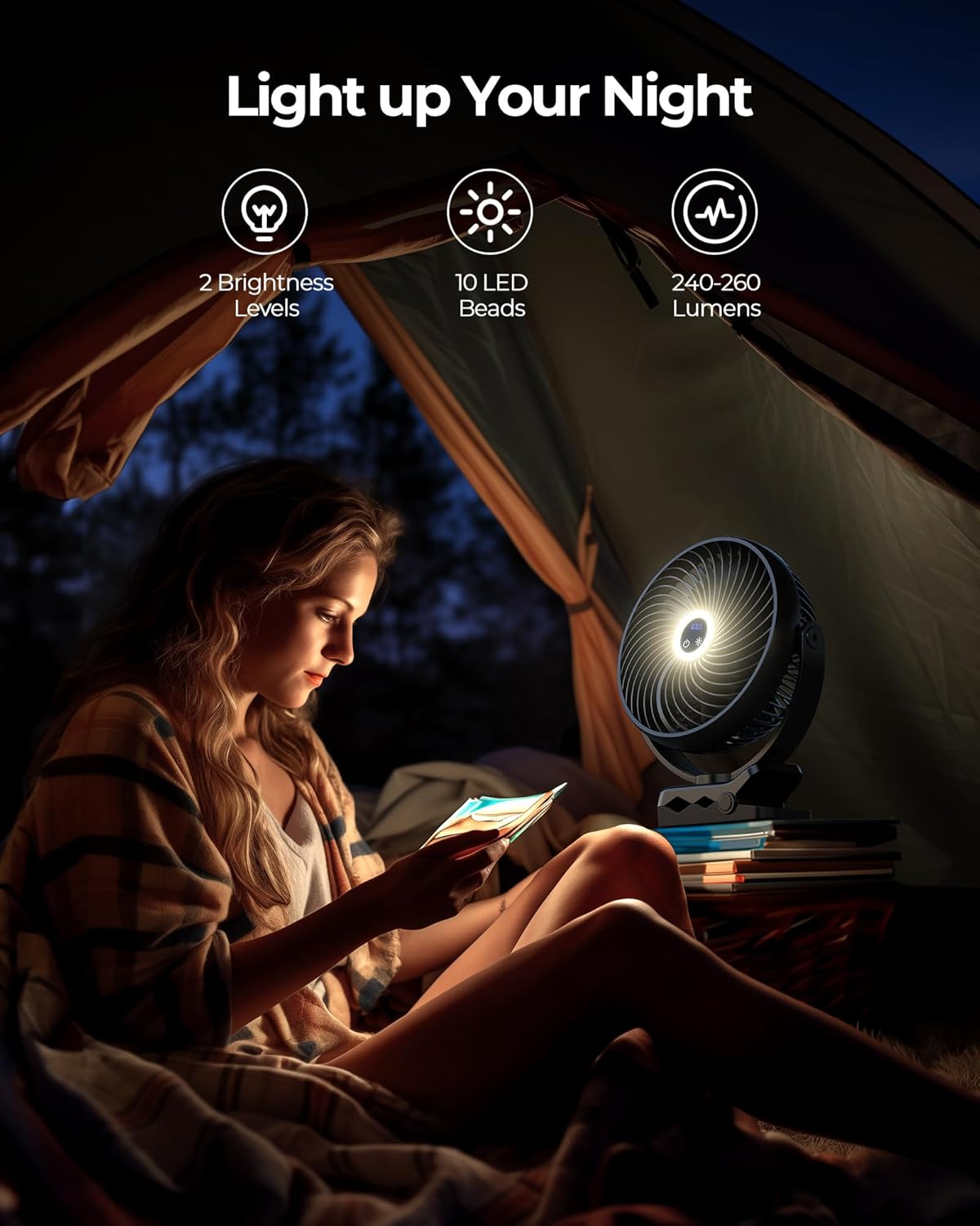 Koonie 10000mAh Portable Clip on Fan with LED Lantern and Hook, 8'' Battery Operated Desk Fan, Quiet Camping Fan with LED Digital Display, 360° Rotation & 3 Speeds for Travel Tent Gym Treadmill