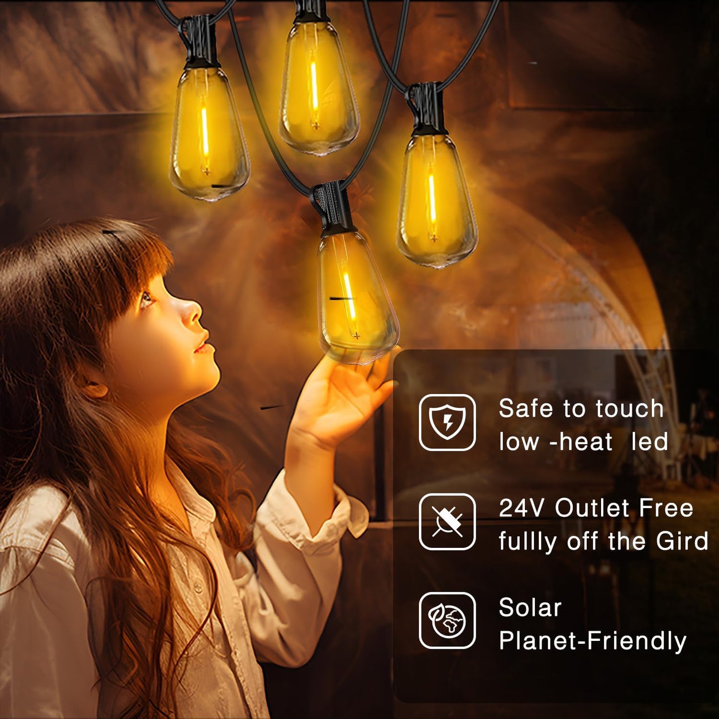 DAYBETTER 100ft Series de Luces solares 50 Bulbs 2700K Warm White Solar String Lights Outdoor Waterproof 5W Solar Panel, 12+ Hours Runtime Luces solares automáticas