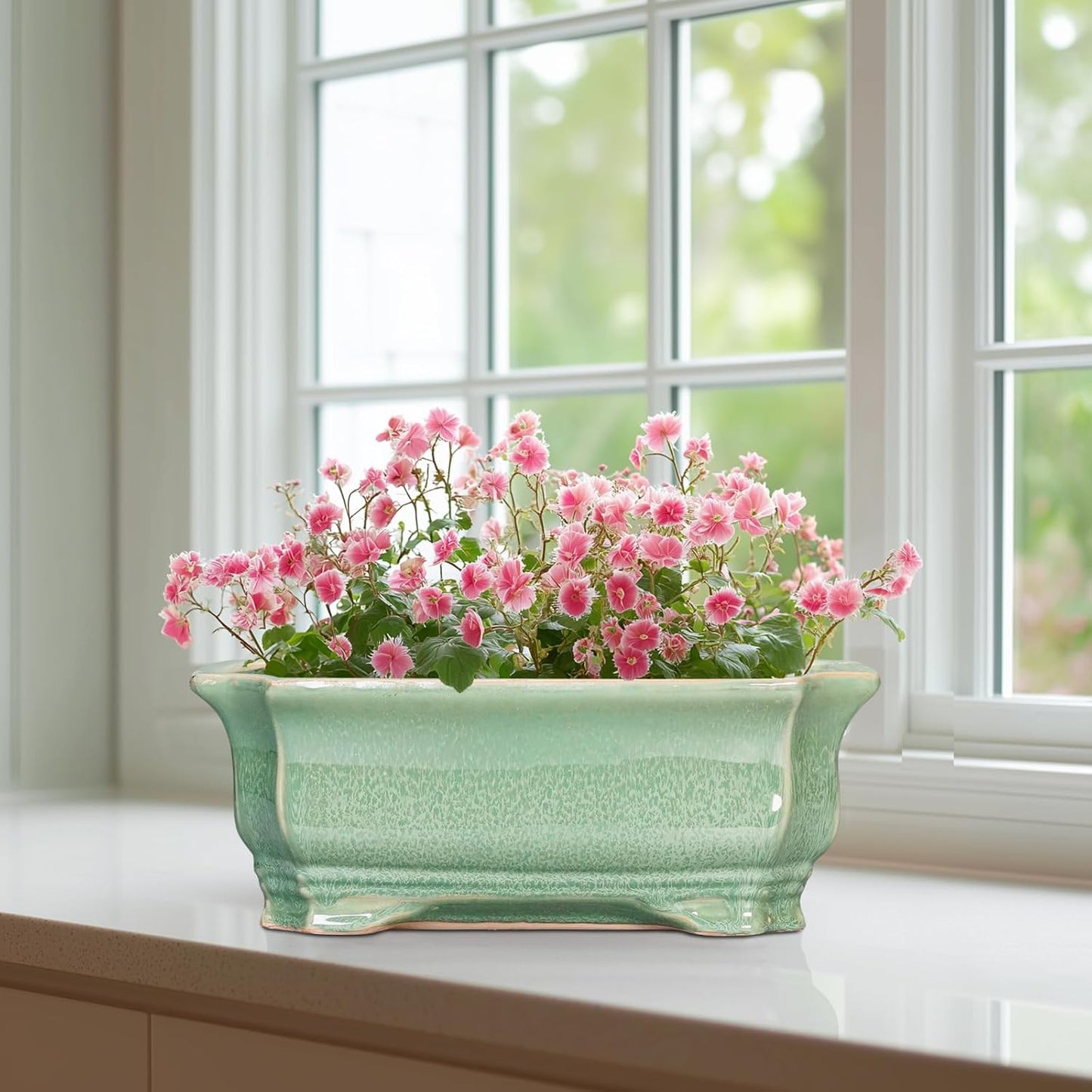 Bonsai Tree Pot 11.6 Inch - Ceramic Succulent Pots, Bonsai Planter for Indoor Outdoor, Decorative Plant Pot with Drainage Hole, Rectangular Flower Pot, Home Garden Decor, Garden Gifts, Green