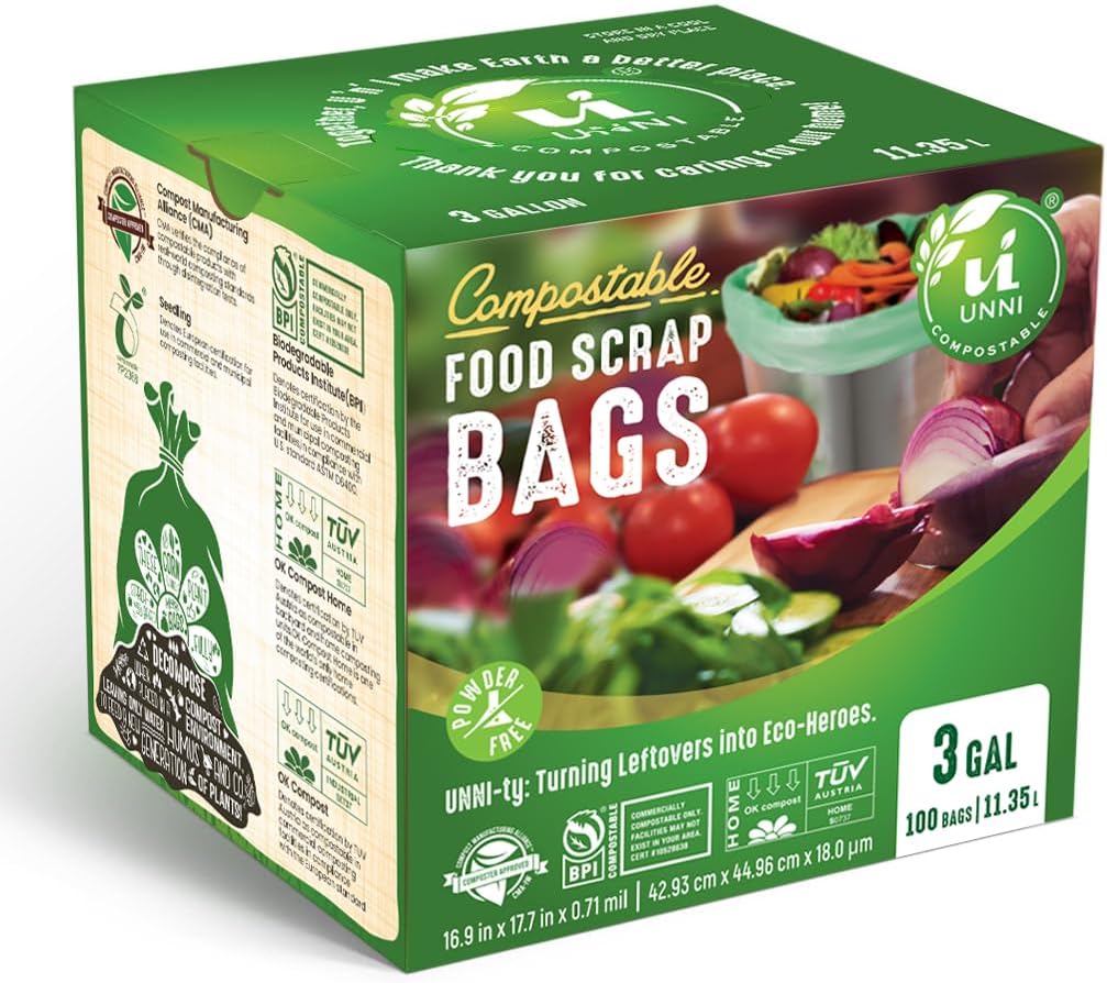 UNNI Compostable Trash Bags, 3 Gallon / 11.35 Liter, 600 Count Value Pack, Extra Thick 0.71 Mil Kitchen Food Scrap Bin Liners, Certified by BPI, CMA & OK compost HOME, Meets the ASTM D6400 Standard