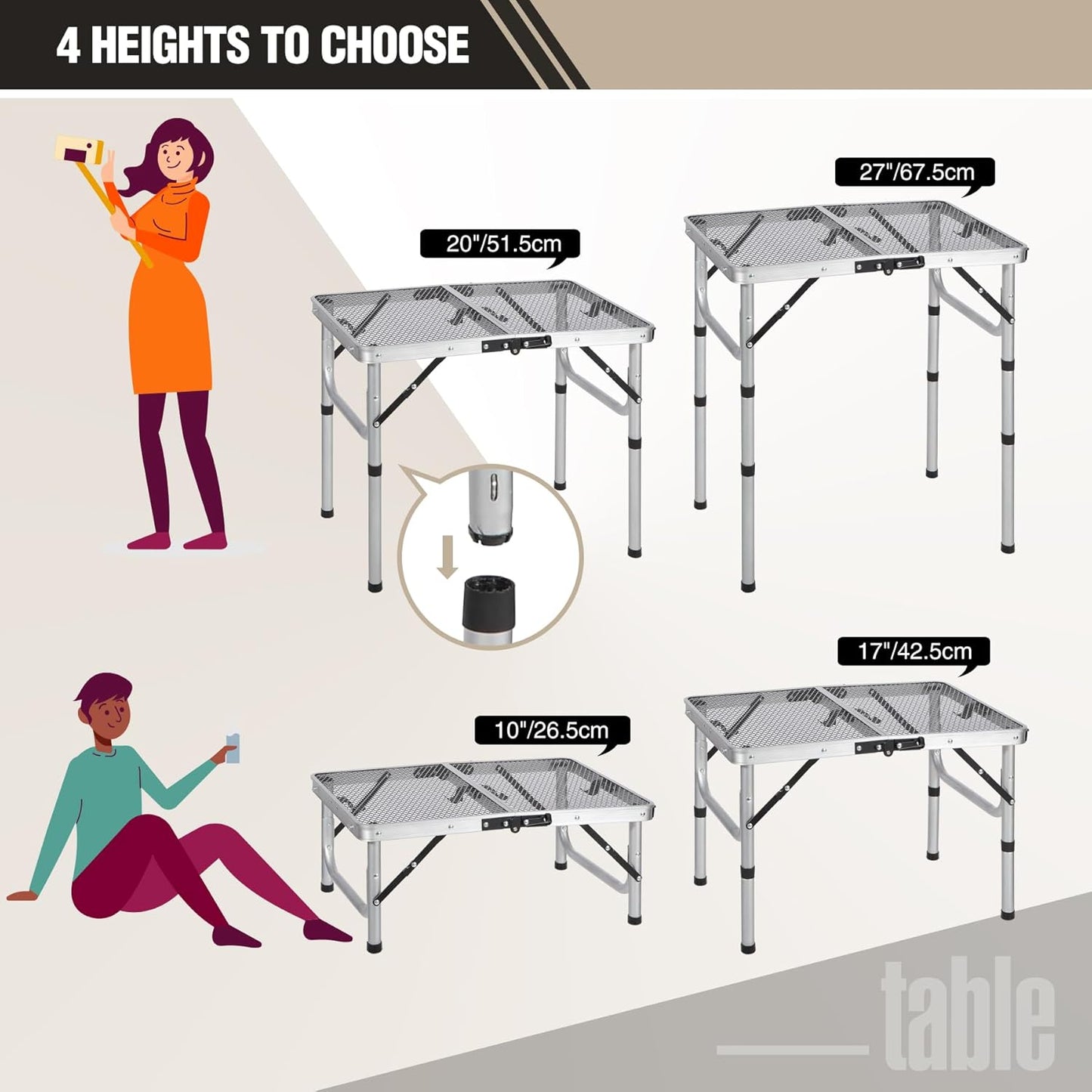 REDCAMP Small Folding Grill Table for Outside, 2Ft Lightweight 4 Height Adjustable Portable Metal Table with Mesh Desktop, Outdoor Table for Camping Picnic Beach and BBQ, Silver