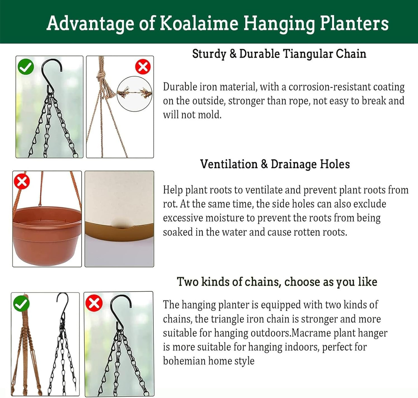 2 Pack Hanging Planters Set,10 Inch Indoor Outdoor Hanging Plant Pot Basket,Hanging Flower Pot with Drainage Hole with 3 Hooks for Garden Home(Caramel Hanger White Planters)