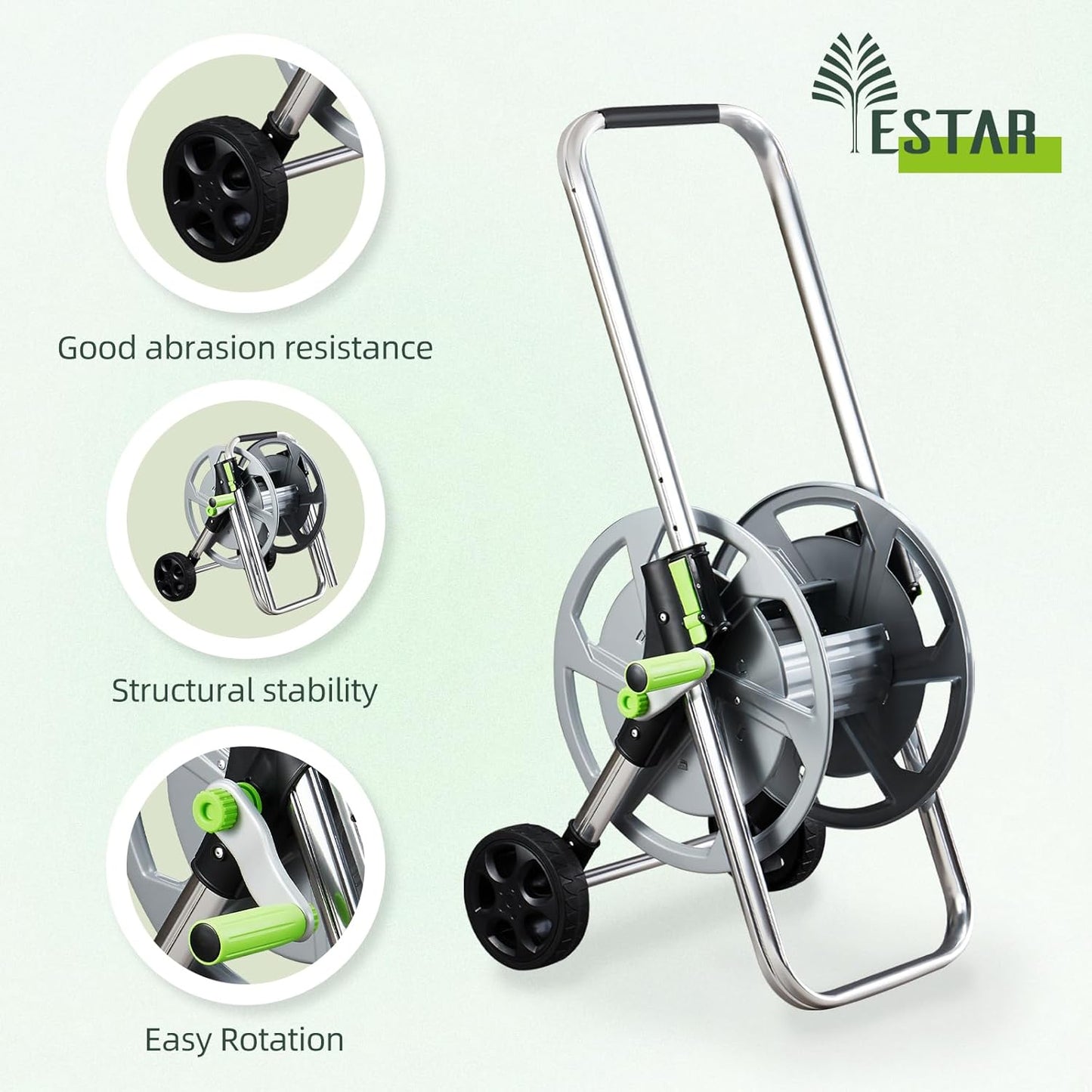 Garden Hose Reel Cart, Holds 75-150 Feet of 5/8-Inch Hose, Portable Hose Reel Cart With Wheels,Adjustable Handrail, Quick Hose Connector