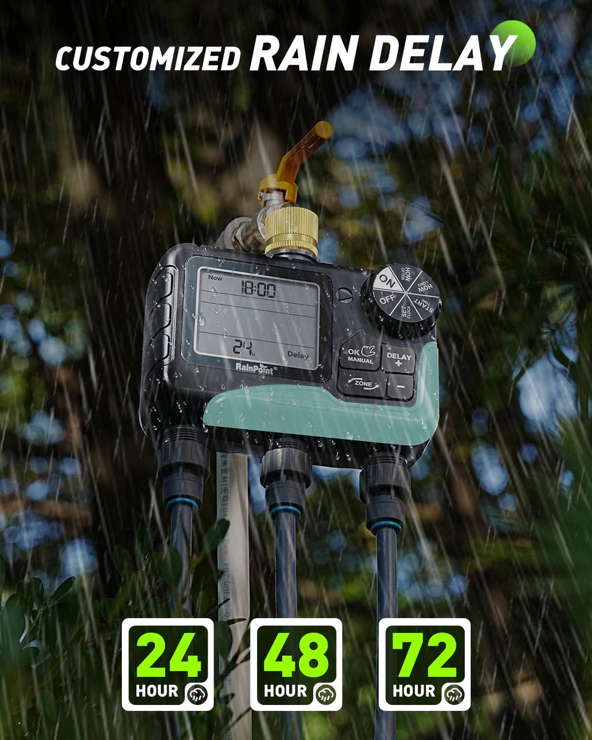 RAINPOINT 3 Zone Sprinkler Timer with Brass Inlet, Water Timer for Garden Hose,Rain Delay/Manual/Automatic Watering System, Hose,Hose Timers for Watering with IP65 Waterproof, Large LCD for Yard