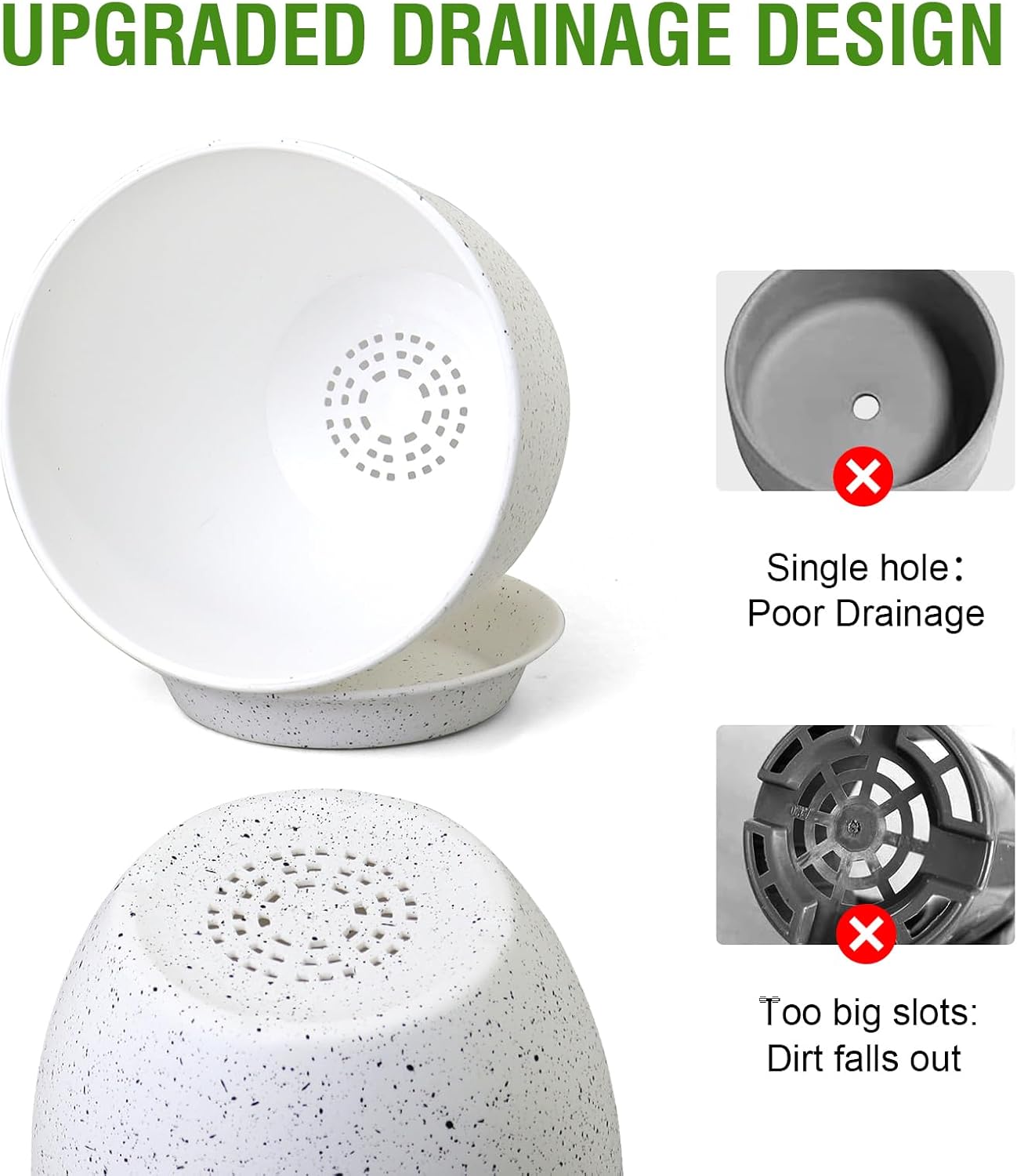 10/9/8 inch Medium Plant Pots, Set of 3 Modern Decorative Plastic Planters with Drainage Holes and Saucers for Garden House Plants, Flower Pots for Indoor Outdoor Plants, Speckled White