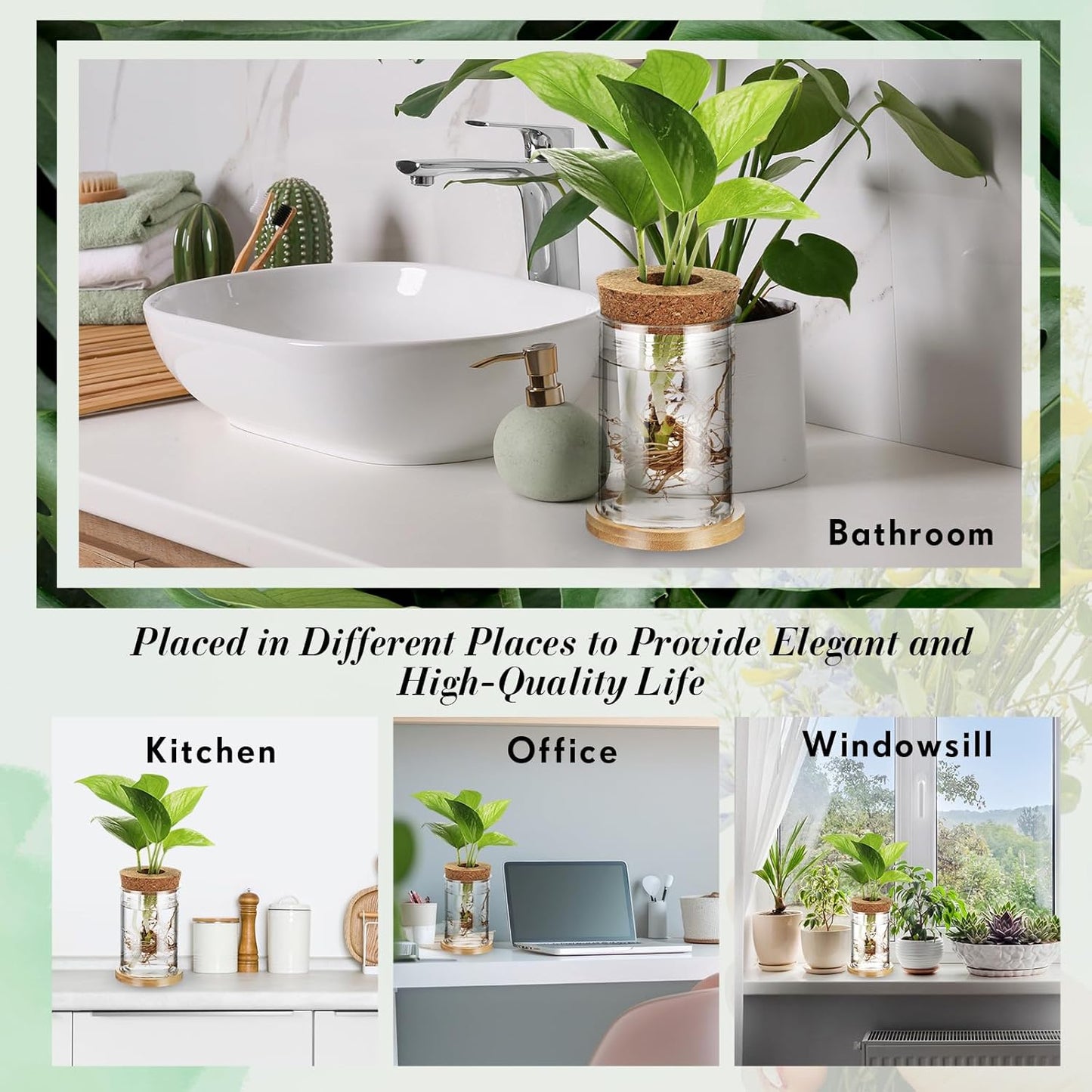 Baderke 12 Packs Propagation Vases for Plants Plastic Plant Propagation with Hole Lid and Bamboo Stand Growing in Water Hydroponic Home Office Desktop Vase Decoration(Classic Style)