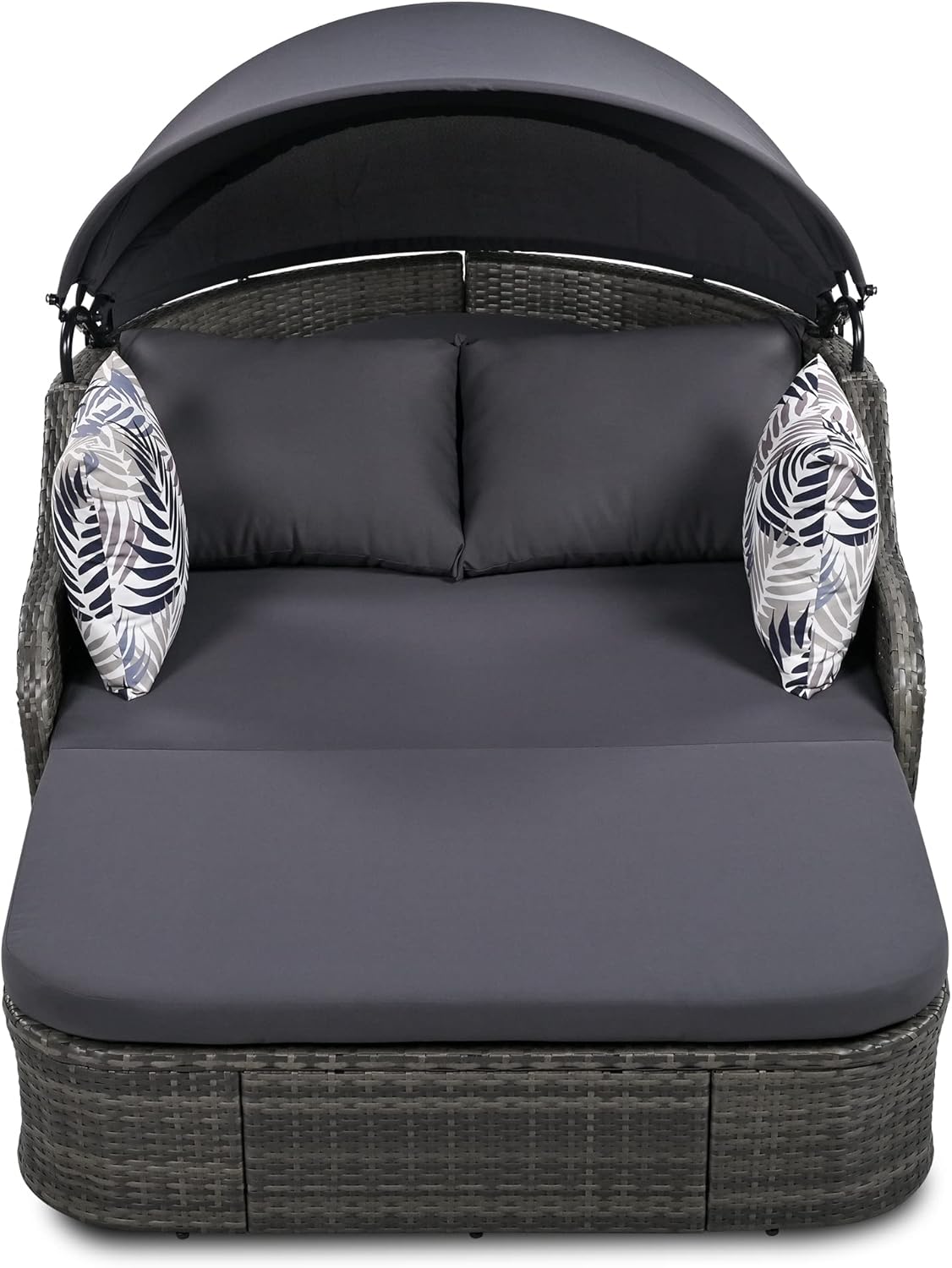 kevinplus Outdoor Patio Sunbed Daybed Double Lounge with Adjustable Canopy for Garden Backyard Pool, PE Rattan Wicker Material & Moveable Cushion Cover, Gray