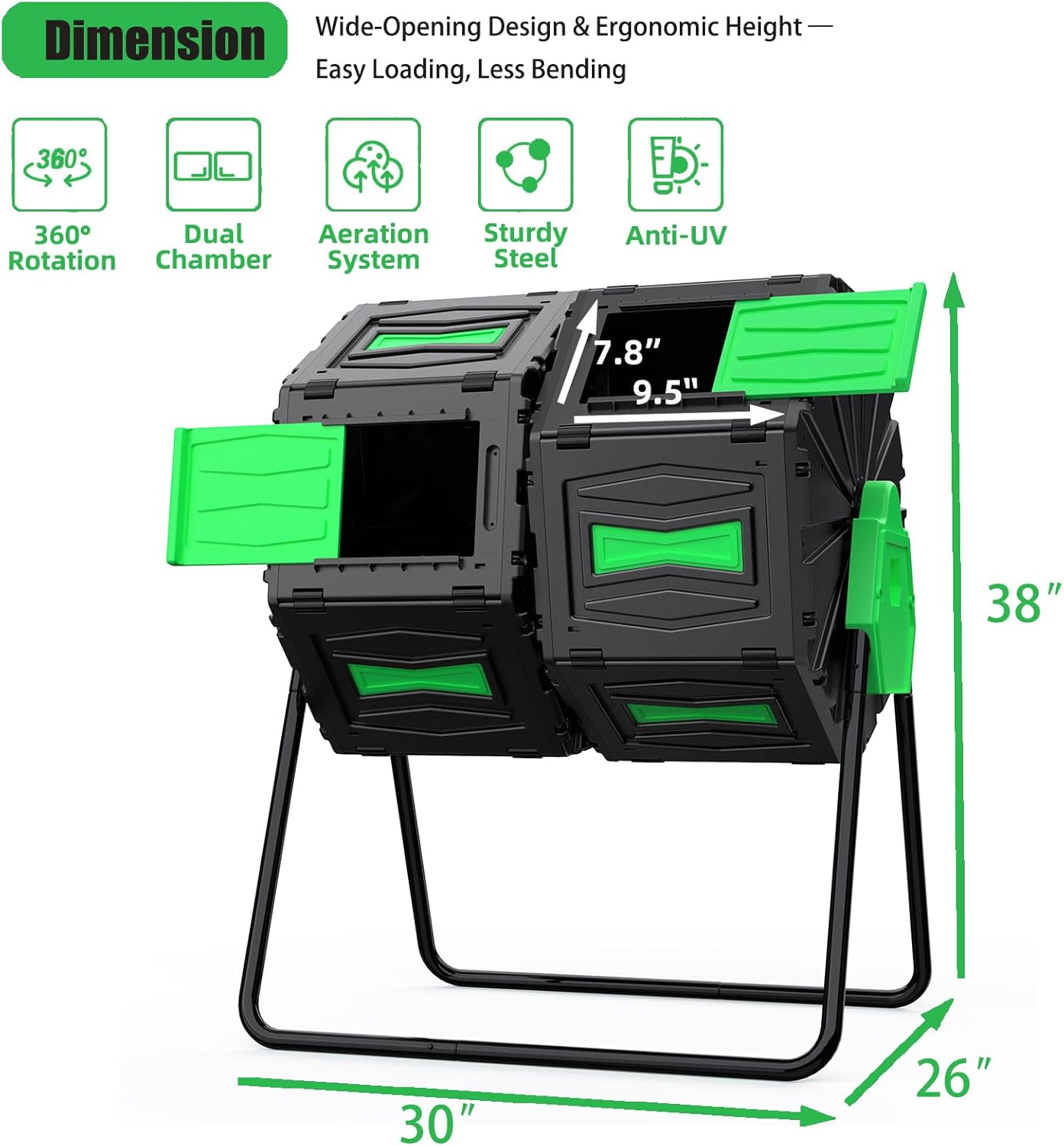 Compost Bin Outdoor, 45Gallon Dual Chamber Composter Large Composting Bin, 360° Rotating Compost Bin, BPA-Free Fast-Working Tumbling Compost Barrel, Kitchen Garden Composter Tumbler (Green)