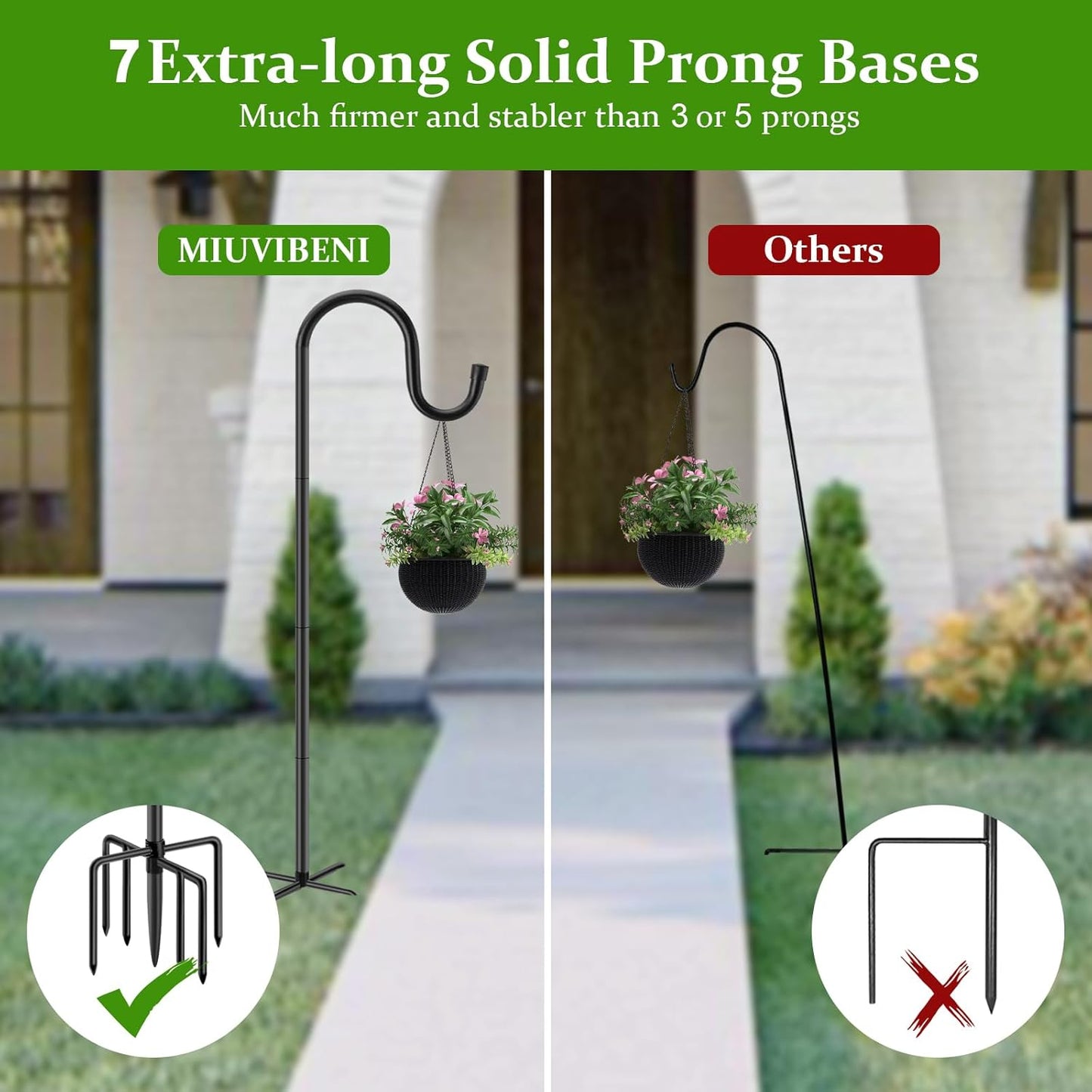 60" Shepherds Hooks for Outdoor, Heavy Duty Bird Feeder Pole for Hanging Lantern, Hummingbird Feeder, 7 Prongs Base Shepherds Hook for Bird Feeders Outside,1 Pack, Black