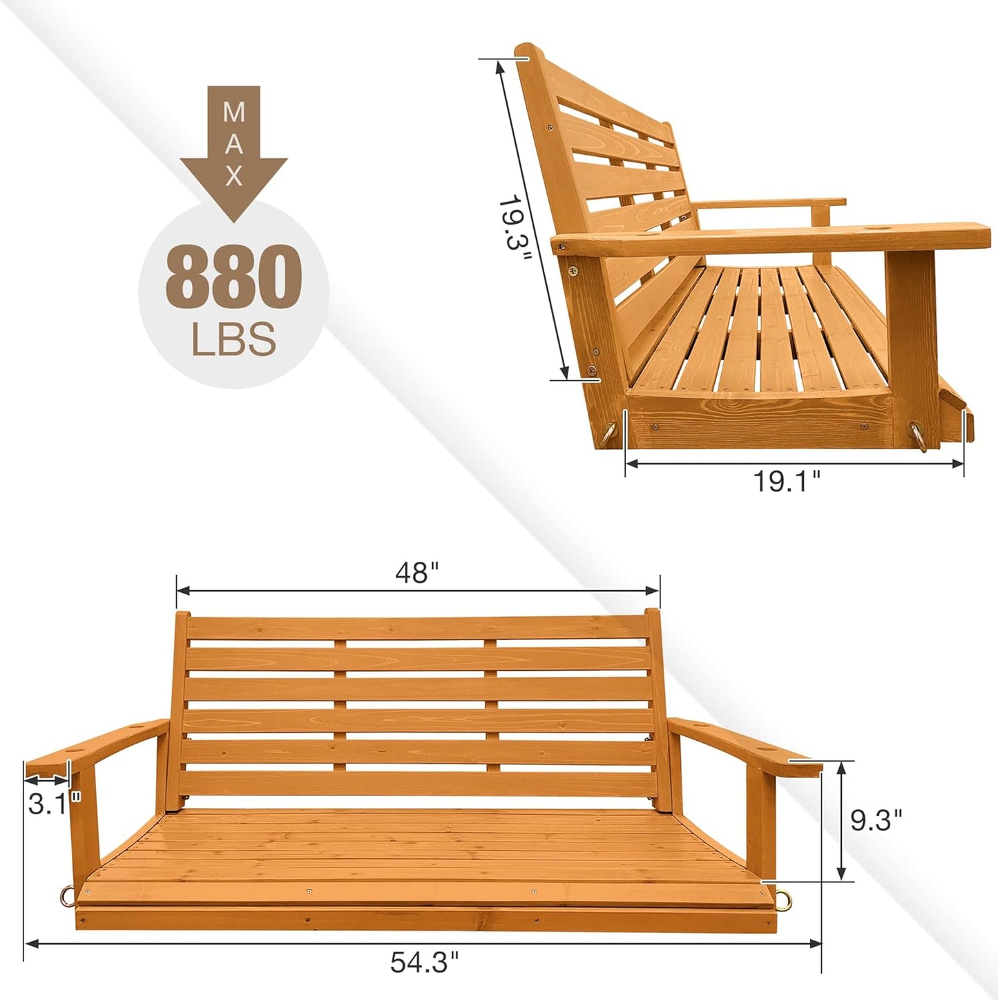 Wooden Porch Swing, Ergonomic Seat, Bench Swing with Hanging Chains and 7mm Springs, Heavy Duty 880 LBS, for Outdoor Patio Garden Yard (Amber, 2-Seater Extra Large)