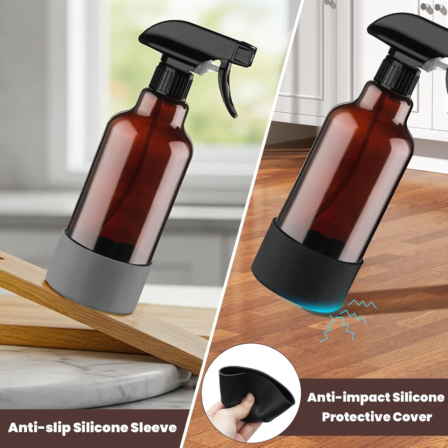 Glass Amber Spray Bottles with Silicone Sleeve, 2 Pack 16.9oz Refillable Containers with Adjustable Spray Nozzles, Empty Spray Bottle for Cleaning Solutions, Hair, Plants, Essential Oils (Black+Grey)