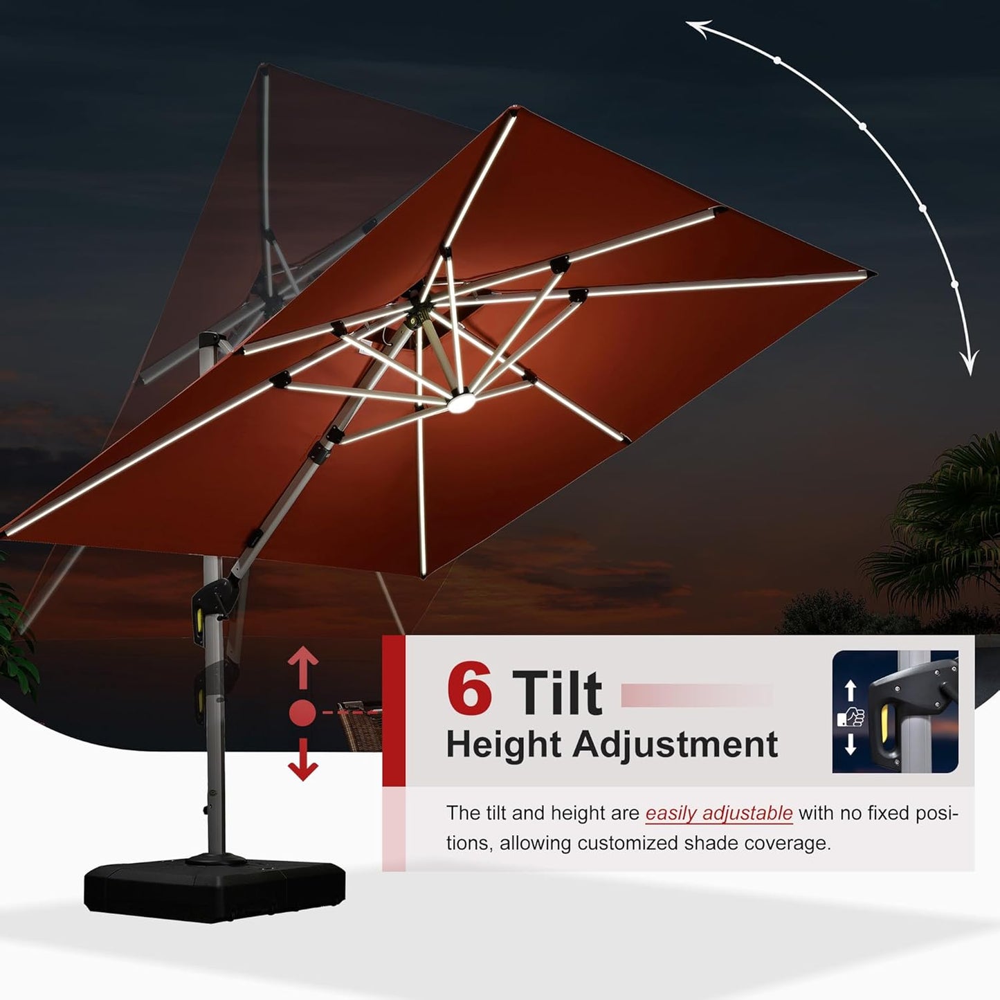 PURPLE LEAF 9 Feet Double Top Deluxe Solar Powered LED Square Patio Umbrella Offset Hanging Umbrella Outdoor Market Umbrella Garden Umbrella, Brick Red