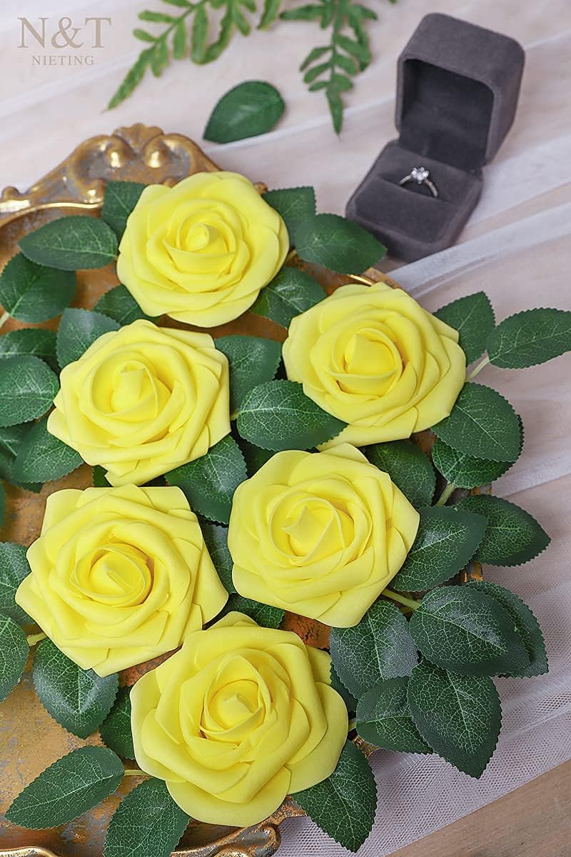 N&T NIETING Artificial Flowers, 25Pcs Fake Flowers Roses Perfect for DIY Wedding Bouquets Centerpieces Bridal Shower Party Home Flower Arrangement Easter Flower Decorations, Yellow