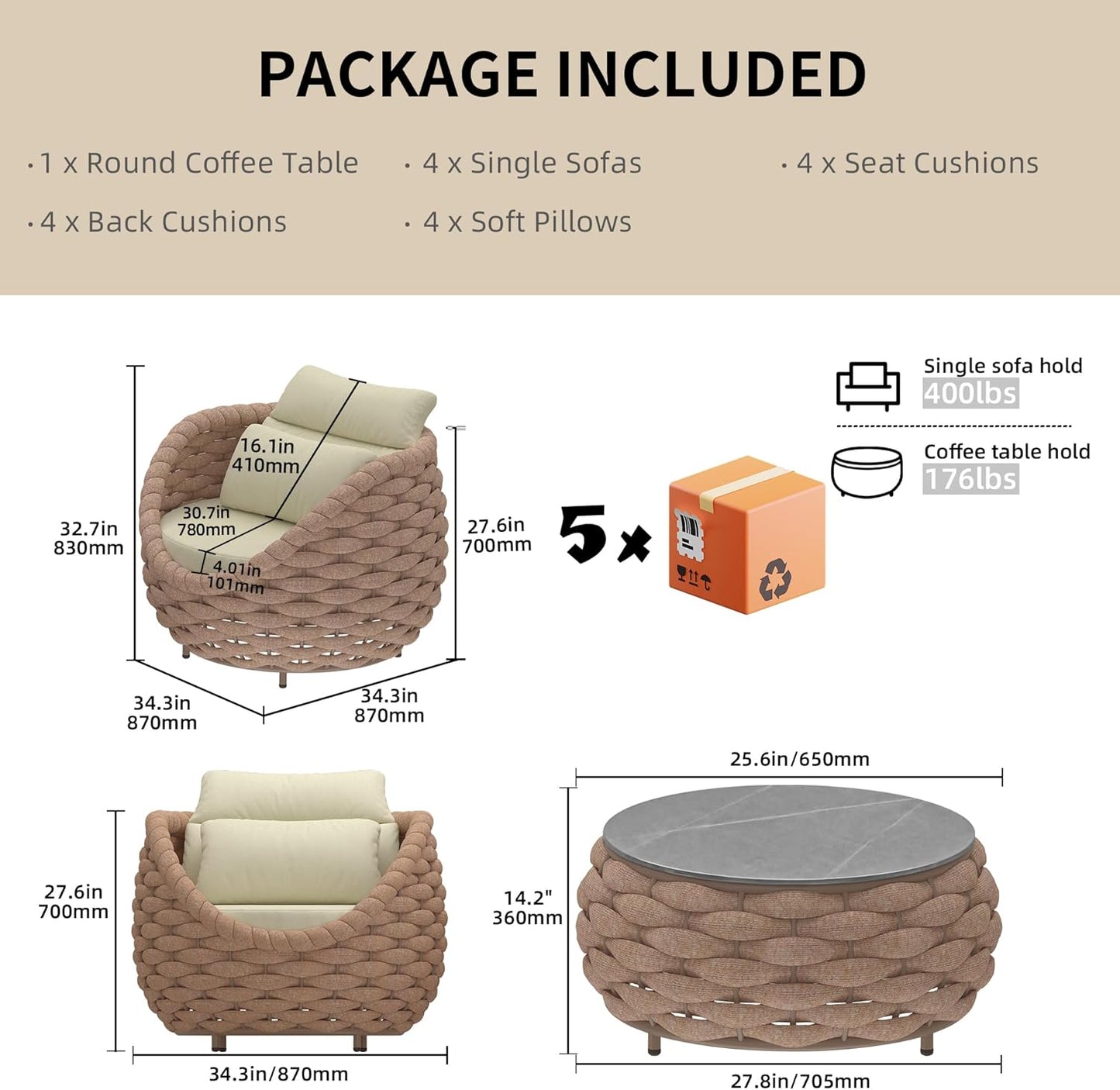 TWT Aluminum Outdoor Patio Furniture Set, 4 Textilene Armchairs Modern Outdoor Conversation Set Outdoor Single Sofa with Upgrade Cushion and Coffee Table for Balcony, Light Brown