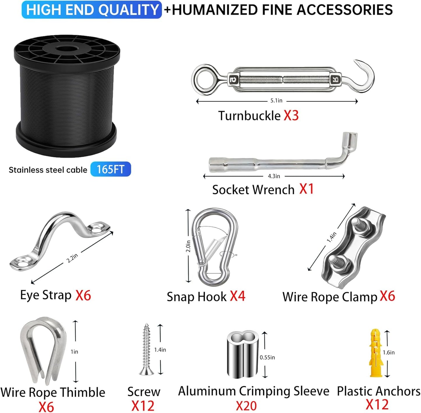 165FT String Light Hanging Kit,304 Stainless Steel Cable Kit - Heavy Duty 480LB Capacity, Adjustable Turnbuckles & Complete Accessories for Clothesline, Garden Rigging