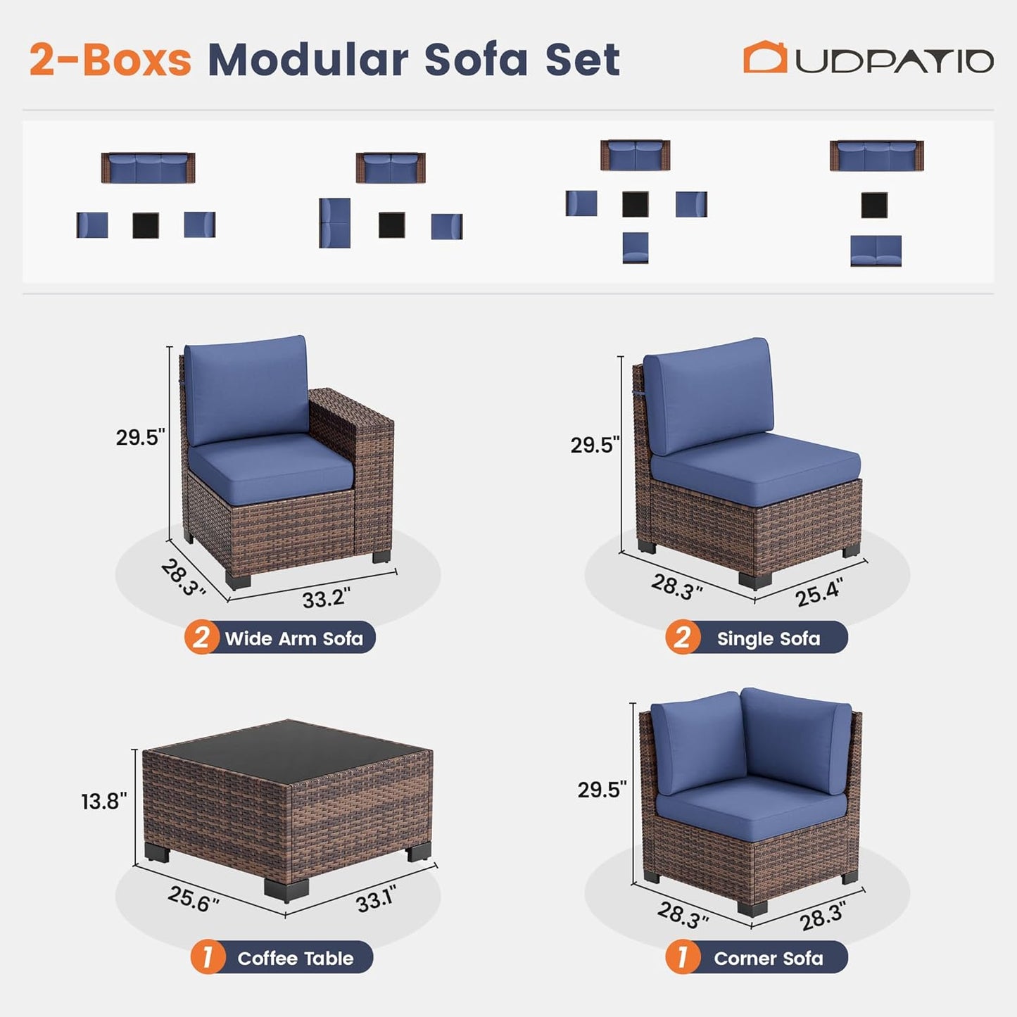 UDPATIO Patio Furniture Set, 8 Inch Armrest Outdoor Sectional Sofa, 6 Piece Wicker Outdoor Furniture Conversation Sets with Waterproof Cover and Coffee Table for Backyard Deck(Brown/Navy Blue)