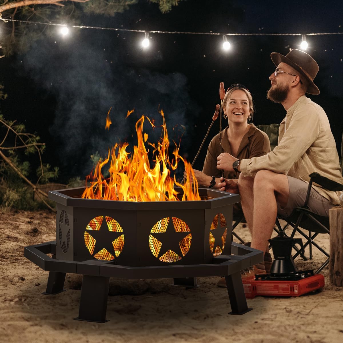 35 inch Fire Pit for Outside, Heavy Duty Wood Burning Fire Pits with Fire Poker, Outdoor Octagonal Firepit for Camping, Yard, Patio