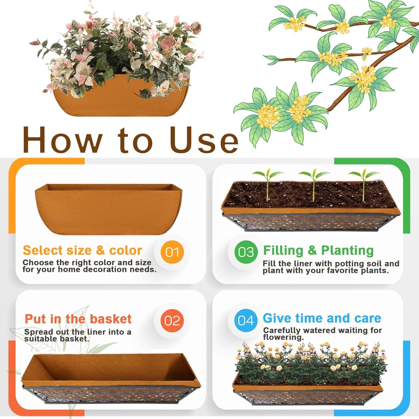 2-Pack 24in Planter Liners - Breathable Felt Hanging Basket and Window Box Liners - Prevent Root Suffocation and Bird Damage - Black