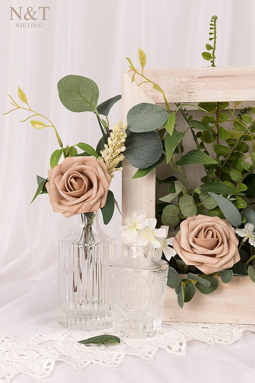 N&T NIETING Artificial Flowers, 25pcs Foam Roses Fake Flowers for DIY Wedding Bouquet Party Baby Shower Decoration, Home Display, Dusty Brown
