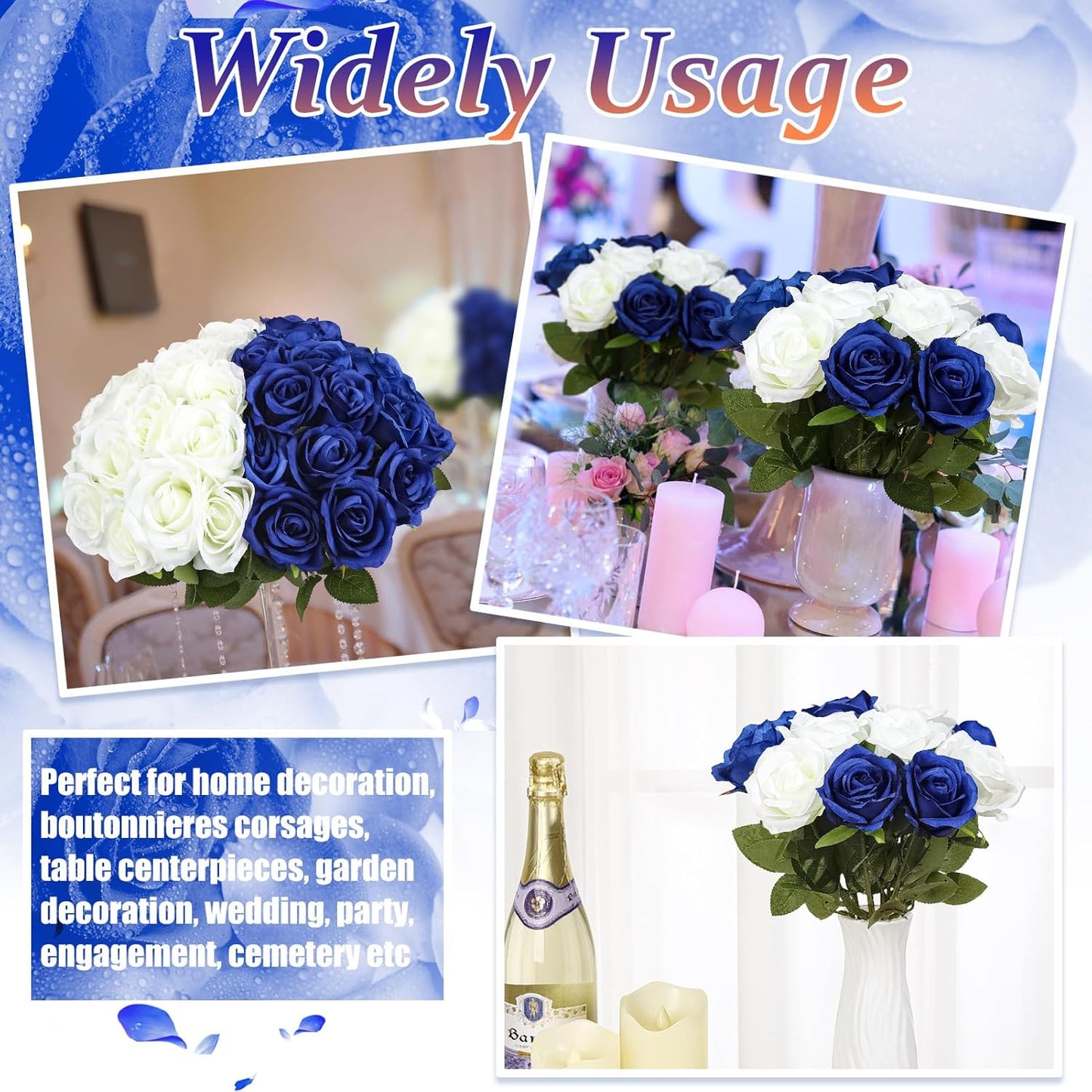 36 Pcs Silk Blue White Rose Bouquet Bridal Artificial Flowers,Fake Rose Long Stem Realistic Flowers Bulk for Wedding Bouquet Ball Arrangement Centerpiece Party Decor