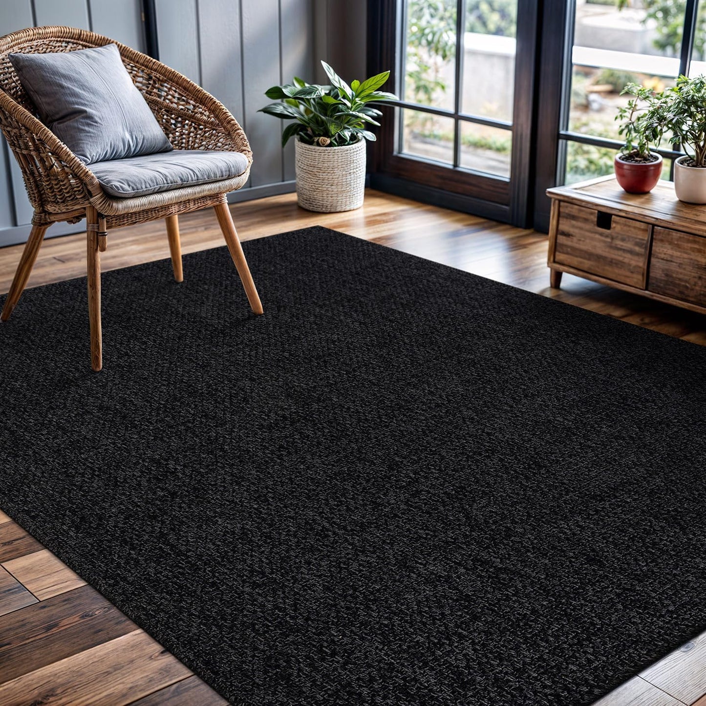 CAMILSON Easy Jute Rug 4x6, Indoor Outdoor Dark Gray Black Farmhouse Area Rugs for Living Room Patio and Kitchen Rug, Solid Boho Woven Design, Easy-Cleaning, Washable Outside Carpet Alfombras (4 x 6)
