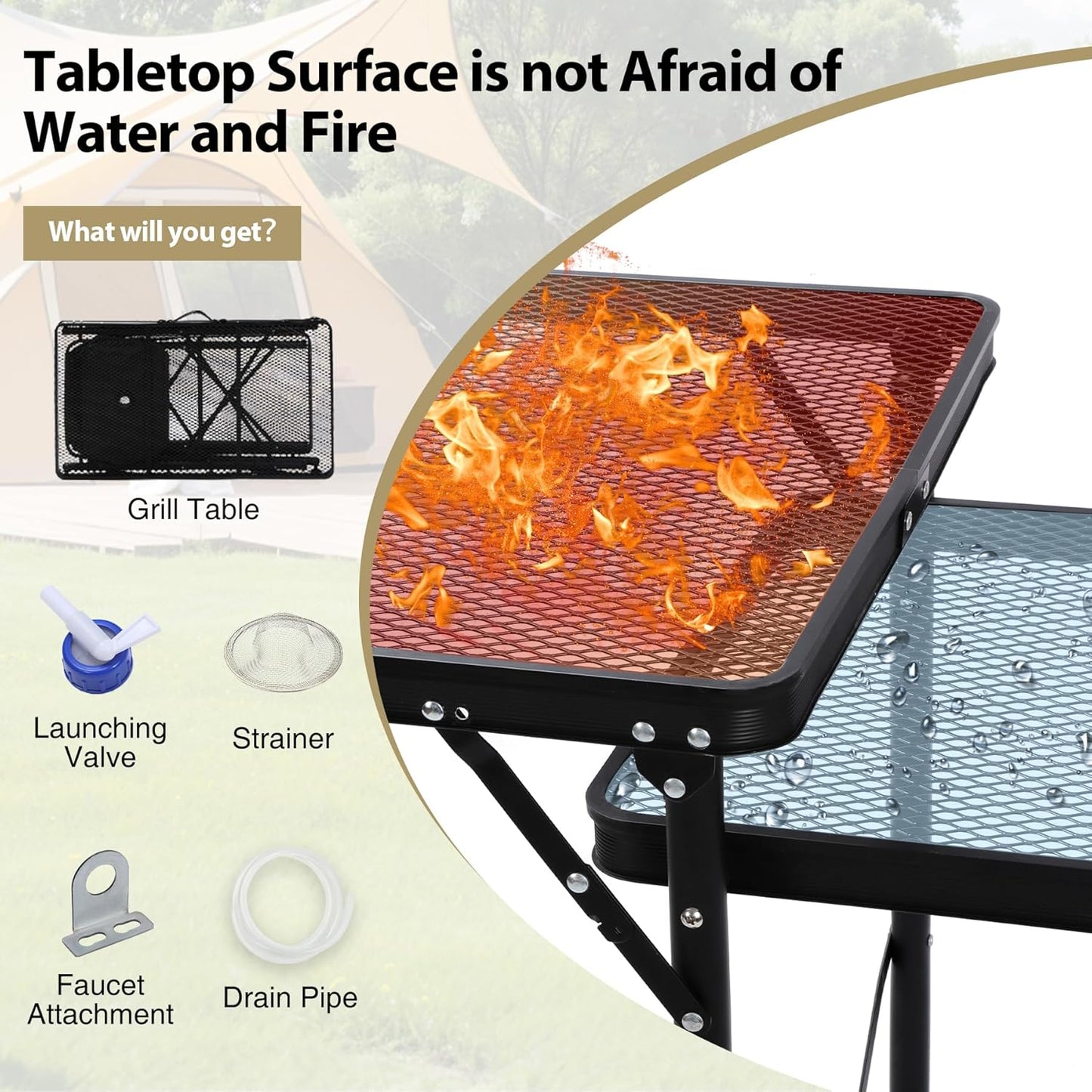 REDCAMP Portable Grill Table with Sink for Outside, Lightweight Aluminum Frame Folding Grill Stand Table with Adjustable Height for Camping Picnic Cooking BBQ, 36 x 20 x 31 in, Black