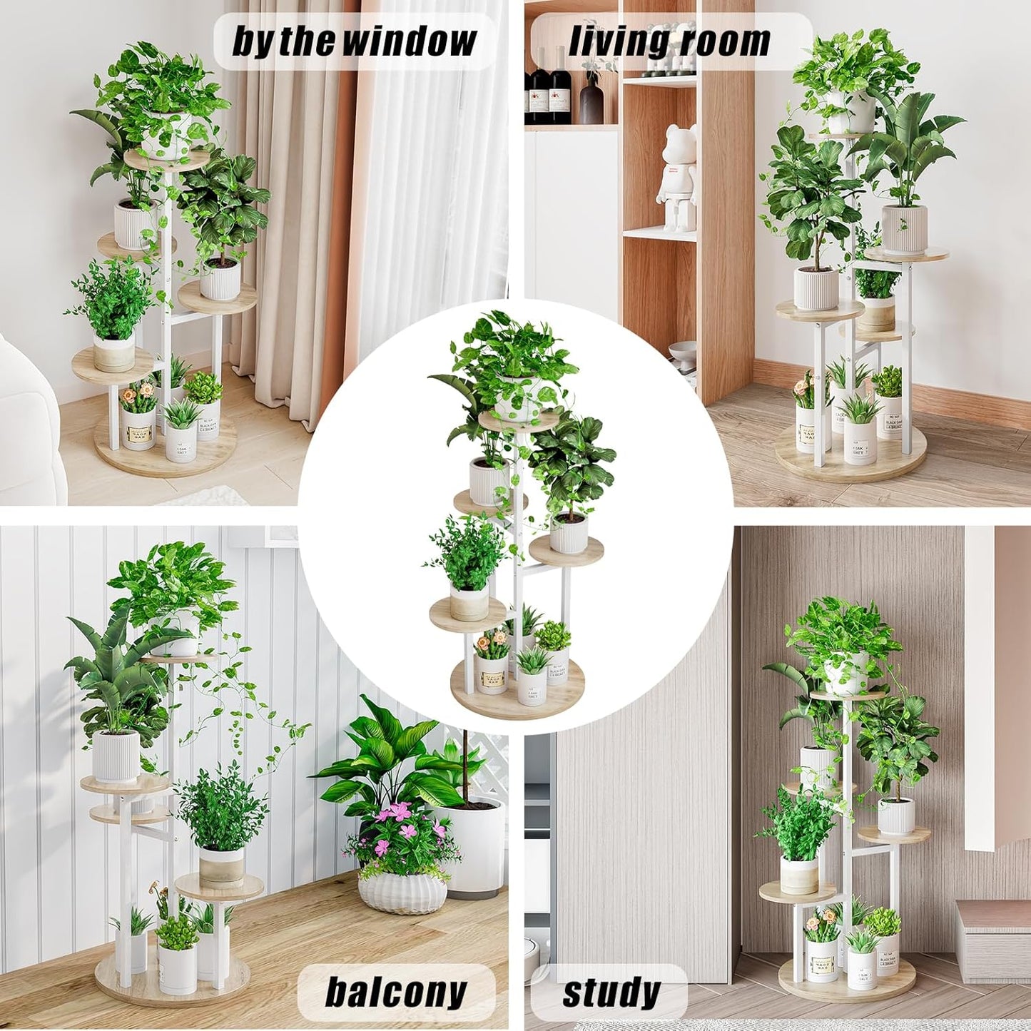 Plant Stand Indoor 5 Tier 8 Potted Multiple Flower Pot Holder for Patio Garden Balcony Living Room Corner (5 Tier White+Sonoma Oak)