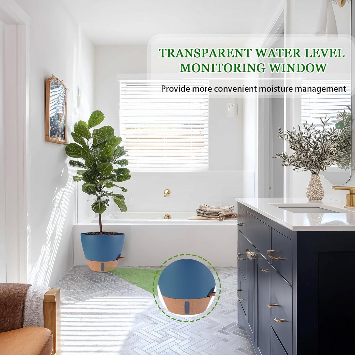 12/10/8 inch Plant Pots, Large Plastic Self Watering Planters with Drainage Holes, Deep Reservoir, Water Level Indicator, Modern Decorative Flower Pots for Indoor Outdoor Plants (Navy Blue, 12/10/8)