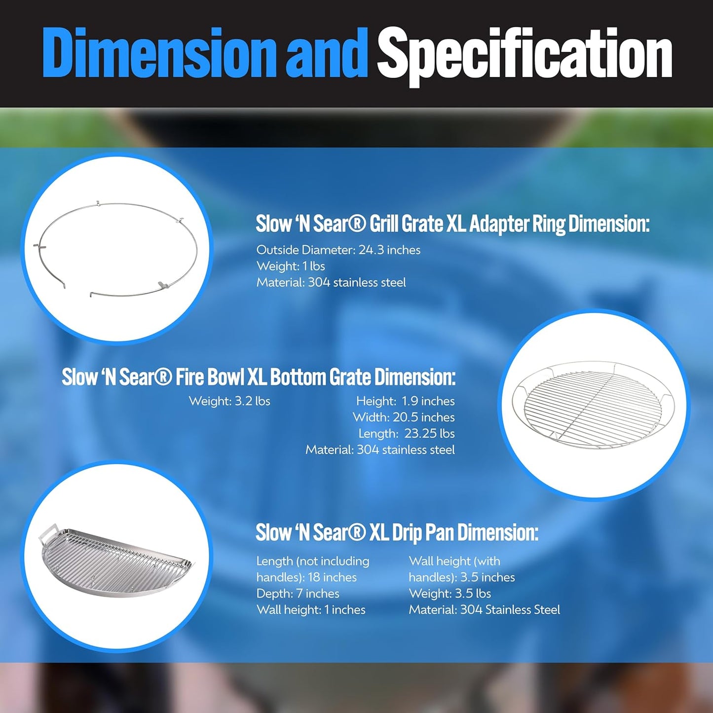 SnS Grills Slow ‘N Sear® 5-Piece Cooking System - Patented Charcoal Basket with Removeable Water Reservoir, EasySpin Grate, Drip Pan for Low ‘N Slow Smoking & Charcoal Grilling on Big Green Egg XL
