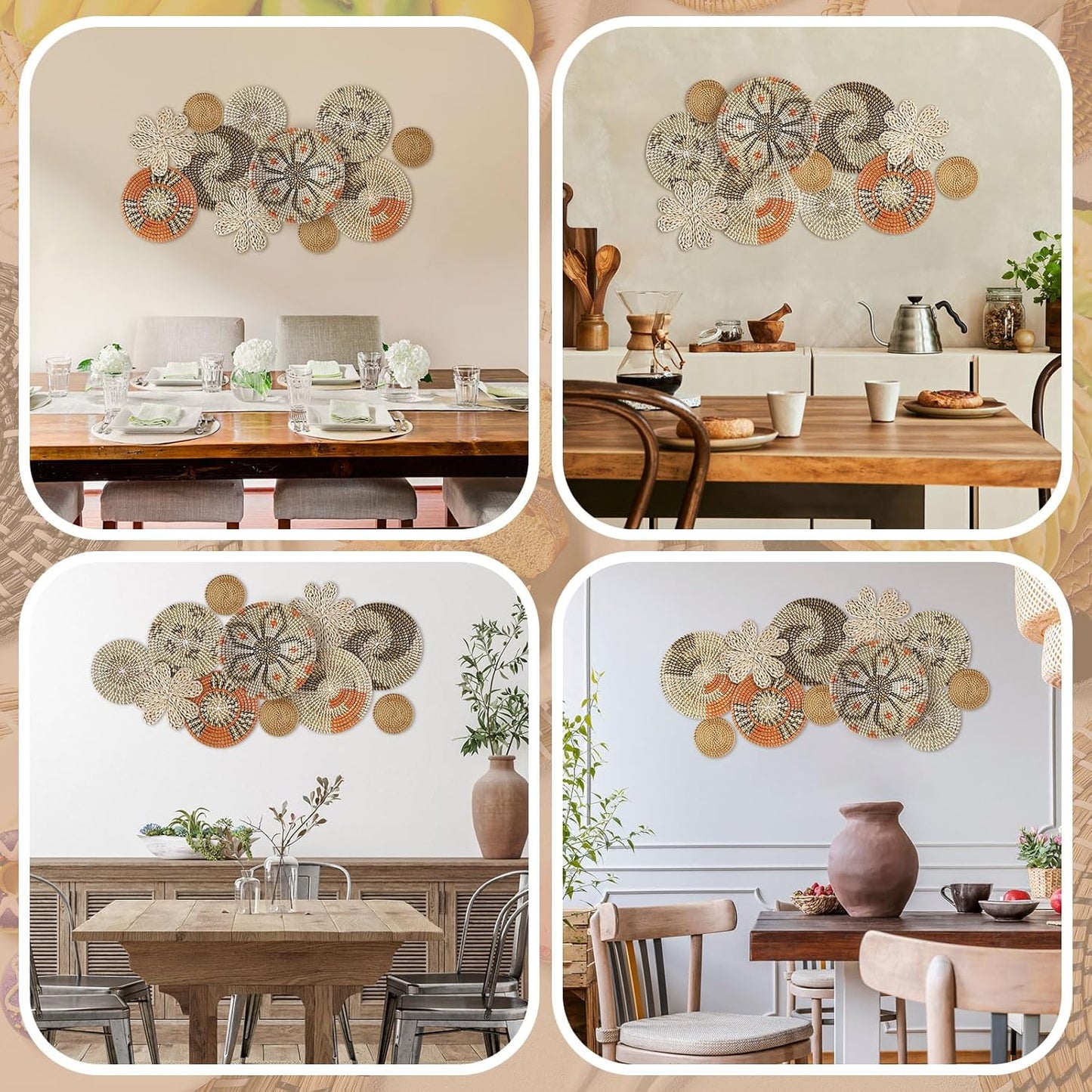 11 Pcs Boho Hanging Wall Basket Decor Handmade Woven Basket Wall Decorative Boho Wicker Baskets Placemats Round Farmhouse Bulrush Art for Rustic Home Decorations Christmas Gift(Cute)