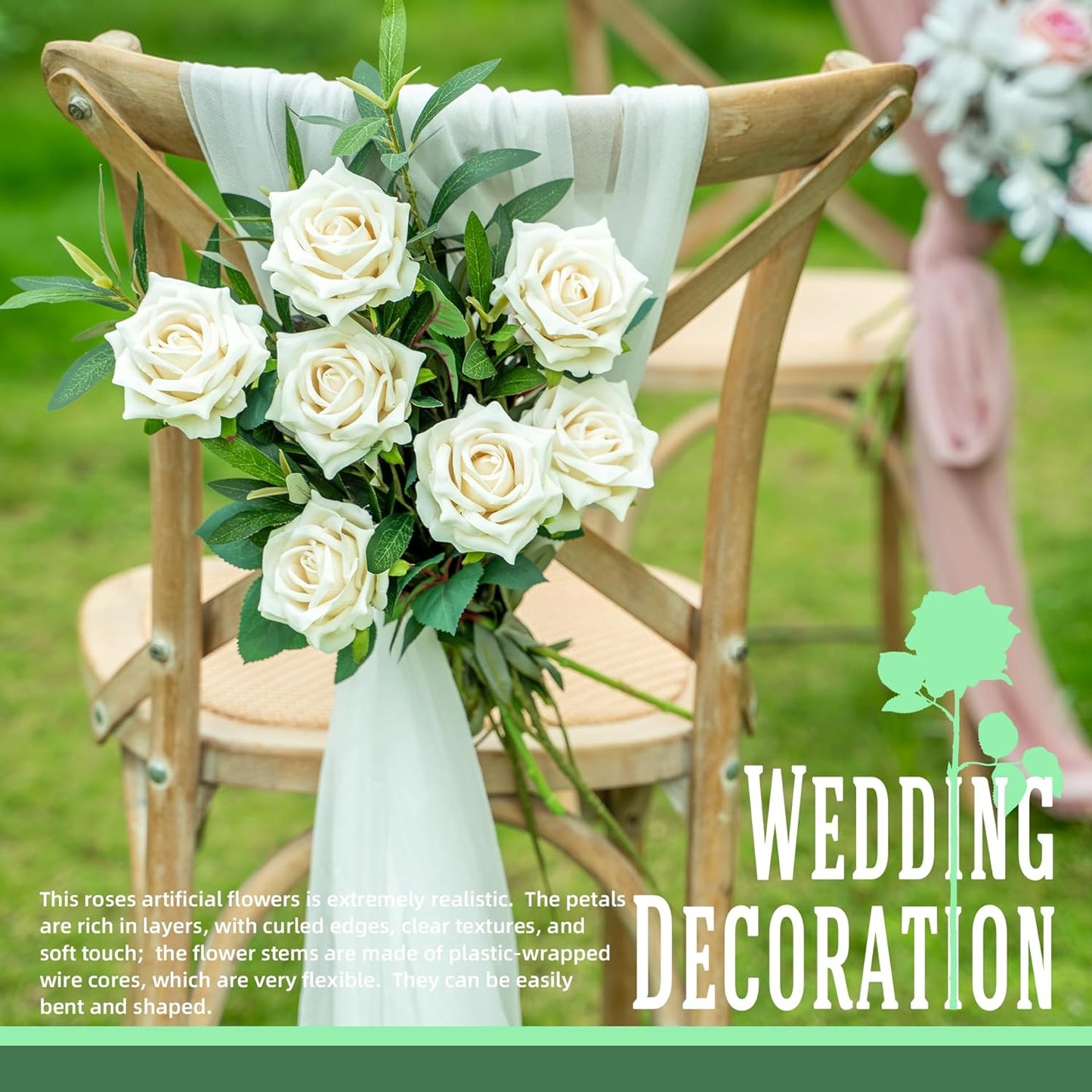 Fake Roses Faux Flowers 12PCS Silk Roses Artificial Roses with Stems Realistic Artificial Flowers Suitable for Indoor Home Decoration DIY Bouquet Wedding Decor Party Decor 16.5In (White)