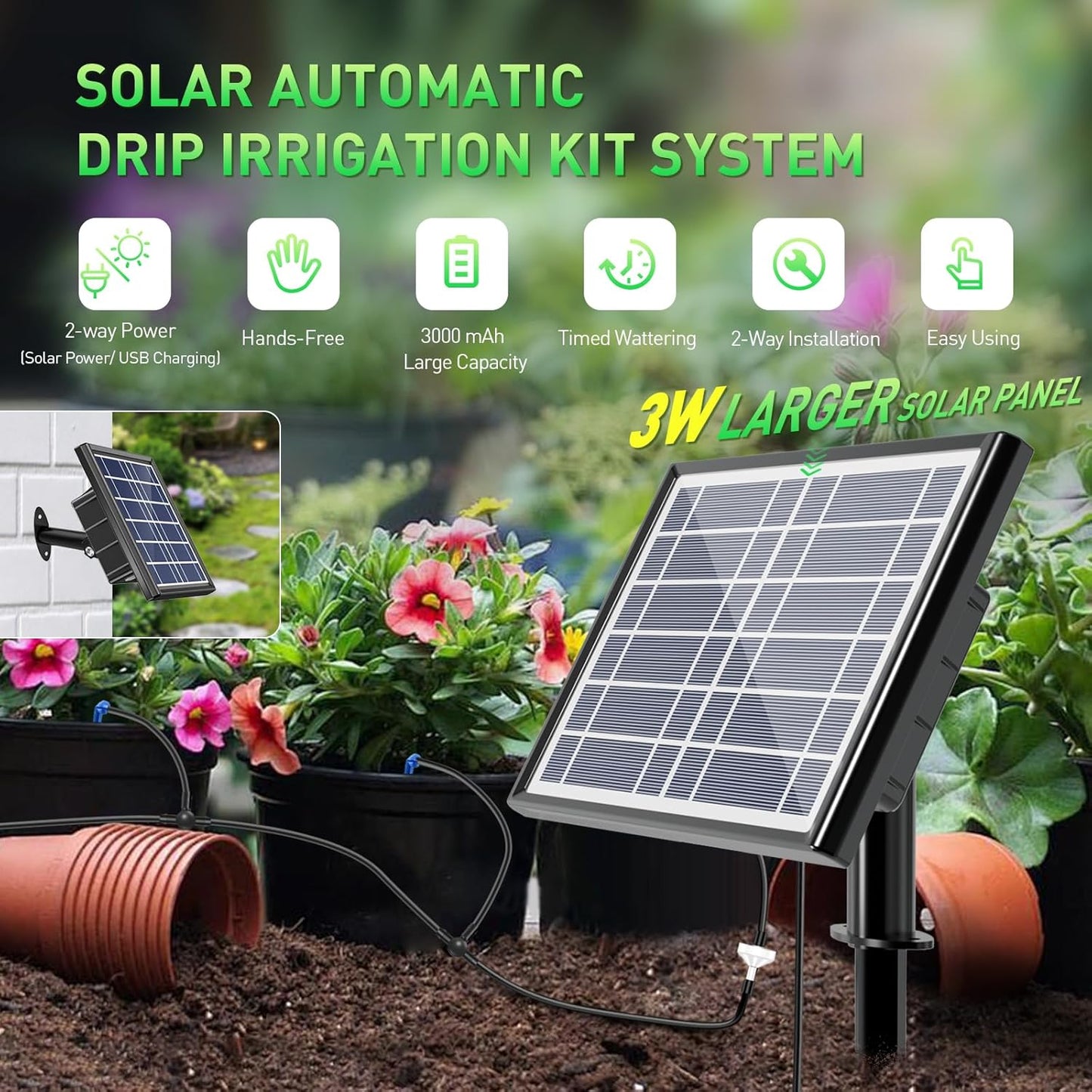 49FT Solar Drip Irrigation Kit System, 900ml/min Garden Watering System,3W 3000mAh Larger Capacity,Automatic Raised Bed Watering System for 15 Potted Plants