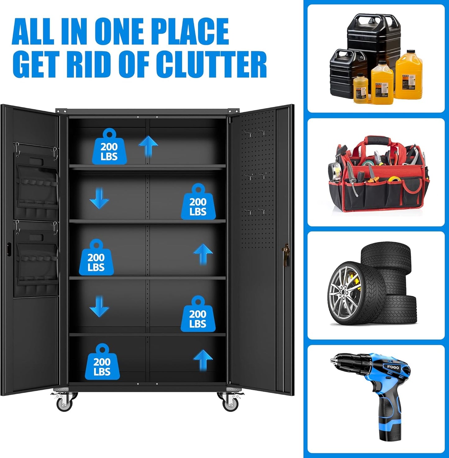 Upgraded Wide & Deep Extra Large Metal Storage Cabinet on Wheels,Lockable Garage Cabinets with 3 Pegboards,2 Tool Pouches for Garage,Office,Assembly Required,Black,43.3''W x 21.6''D x 72''H
