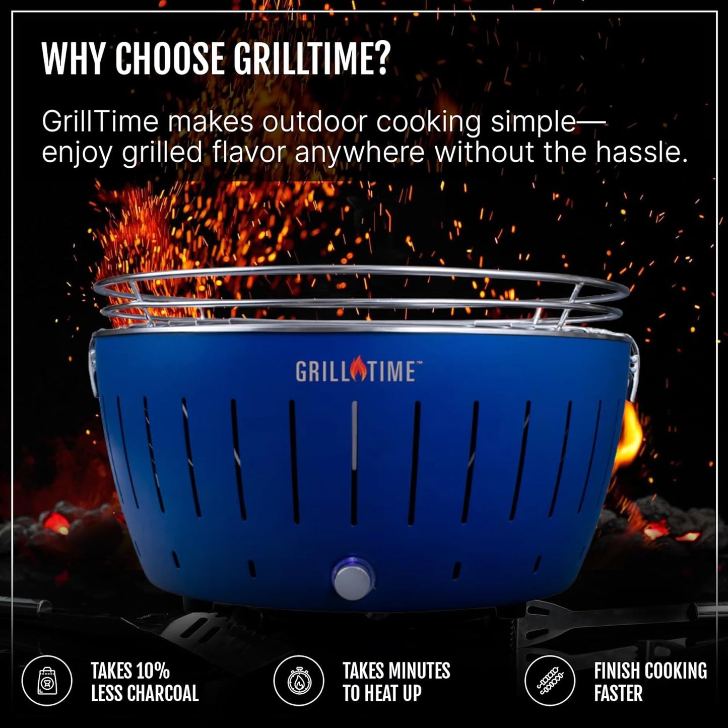 GrillTime Tailgater GTX Portable Charcoal Grill 16 Inch - Smokeless Tabletop Grill for Camping, Tailgate Parties, Beach BBQ, Travel Grey