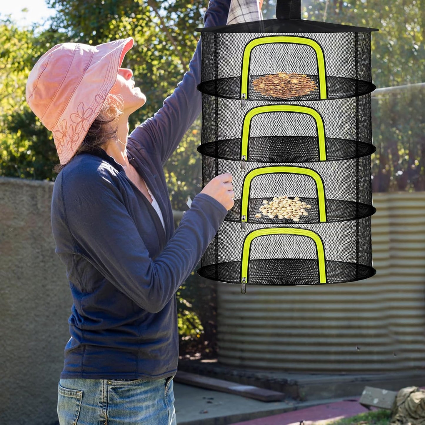 4 Layer Herb Drying Rack, Hanging Mesh Net, Foldable Plant Drying Rack With U-Shaped Zipper, Garden Trimming Shears and Hooks, For Drying Herbs Plants, Fruits, Seafood, Clothing(4 Layers-23.62'')