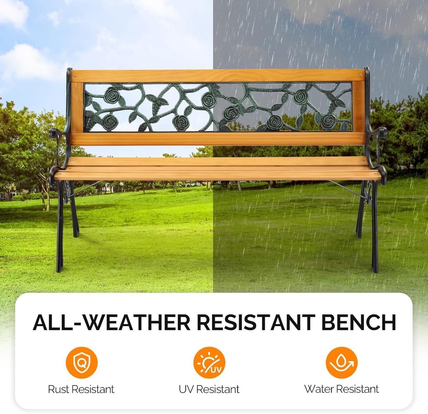 VINGLI Outdoor Bench Metal Garden Bench, Wood Patio Benches w/PVC Backrest Cast Iron Love Seat Park Benches for Porch Yard (Rose)