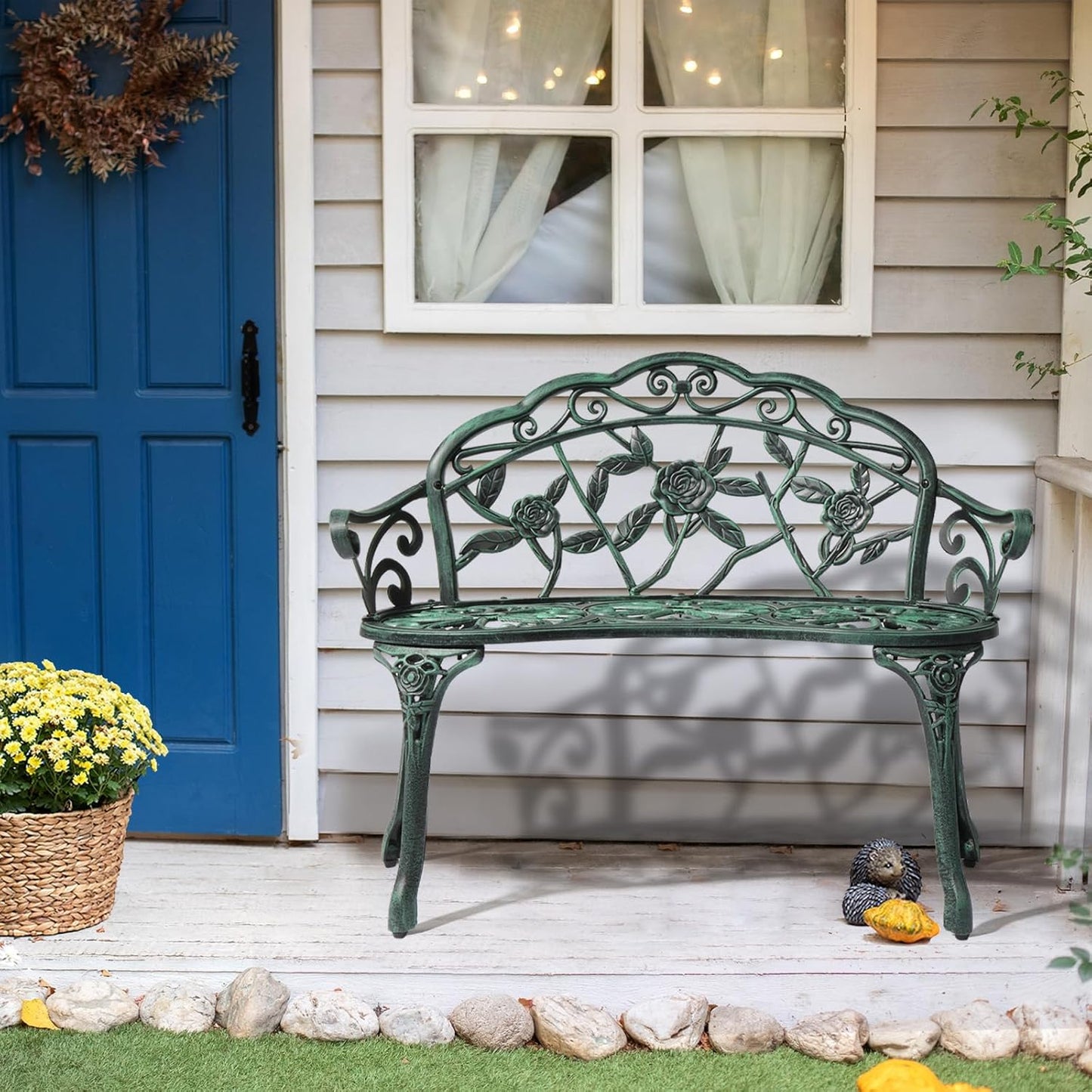 VINGLI 38.5" Patio Park Garden Outdoor Metal Rose Bench,Cast Iron Cast Aluminium Frame Antique Finish Chair,Accented Lawn Front Porch Path Yard Decor Deck Furniture for 2 Person Seat(Green&Black