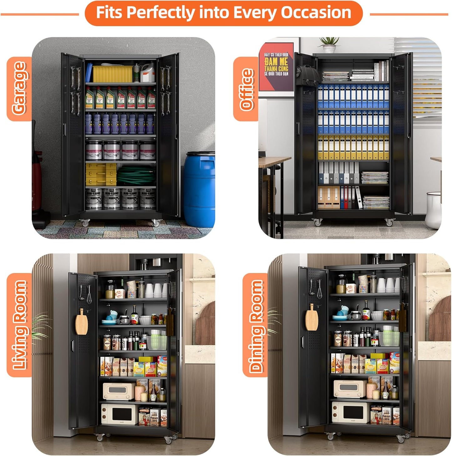 Aobabo 71" H×34" W×18" D Metal Storage Cabinet with Wheels, Locking Steel Storage Cabinet with 4 Hooks, 5 Shelves for Garage, Home Office, School, Assembly Required, Black